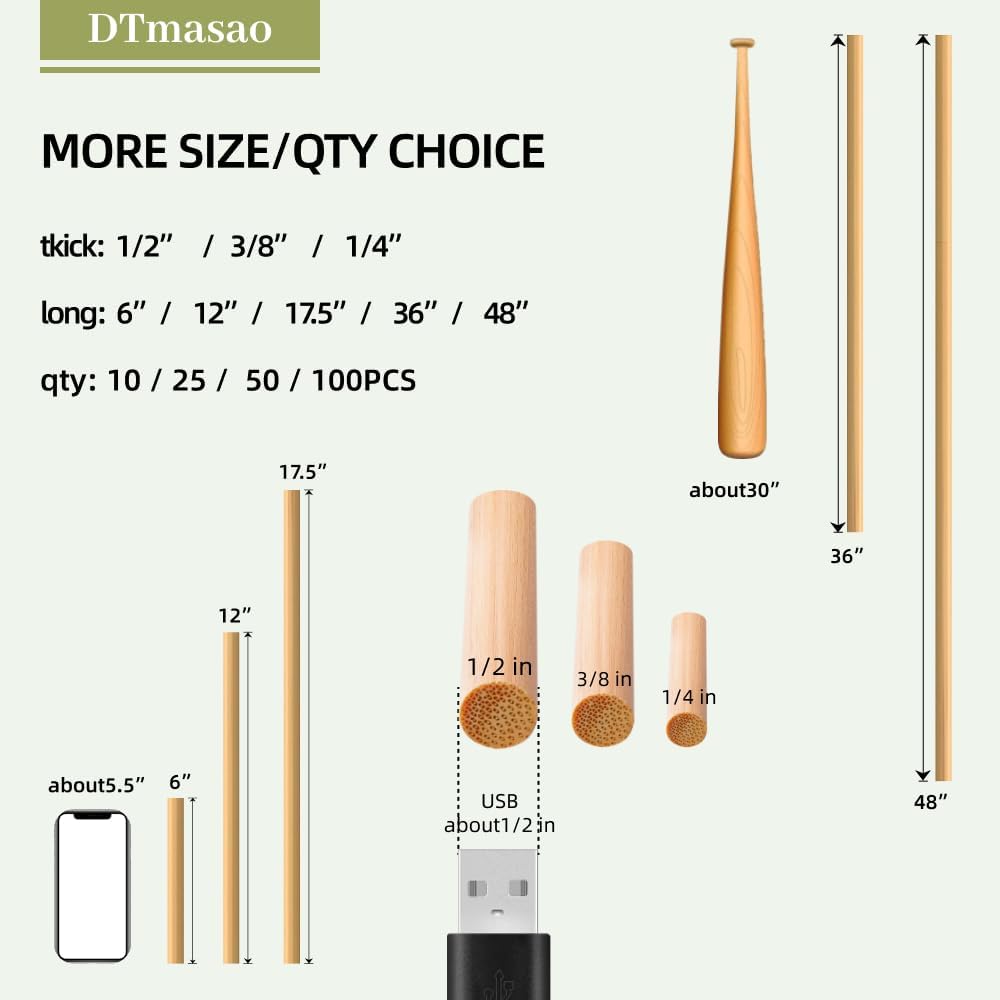 1/4 x 36 Inch 50 PCS Dowel Rods Wood Sticks Wooden Dowel Rods - Unfinished Bamboo Sticks - for Crafts and DIYers