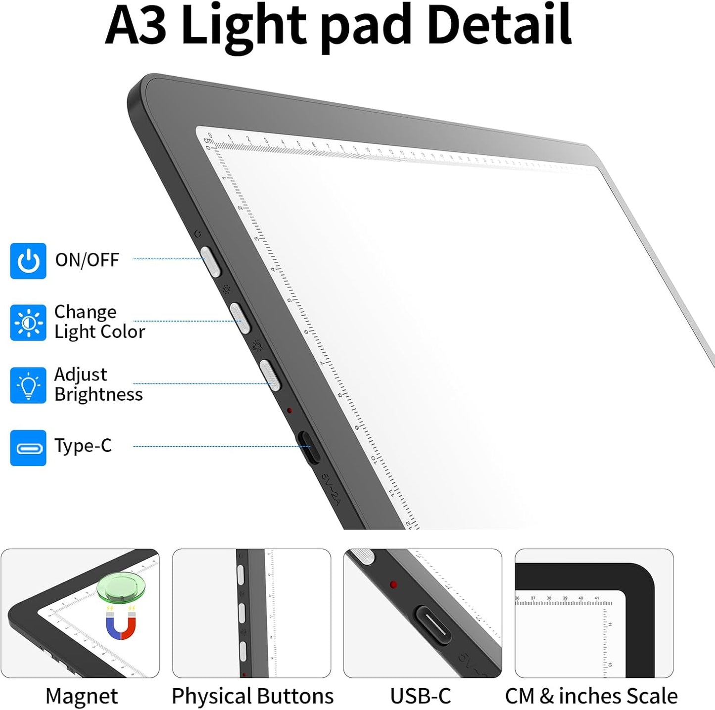 TOHETO A3 Light Board with Bag for Diamond Painting, Super Bright Magnetic Light Pad with Side Buttons, Lightbox for Tracing and Drawing, Corded Light Table for Sketching, Weeding Vinyl (Black)