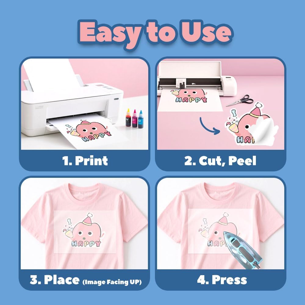 TranSmile PU-Heat Transfer Paper for T Shirts (10 Sheets, 8.5x11'', Light), Iron on Transfers for Light Fabric, Printable Heat Transfer Vinyl for Inkjet Printer