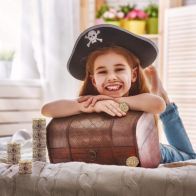 Large Metal Pirate Coins - 100 Rose Gold Treasure Coin Set, Metal Replica Spanish Doubloons for Pirate Party Decorations & Favors, Tokens, Toys, Cosplay - Pirate Treasure Chest - Size 0,98"