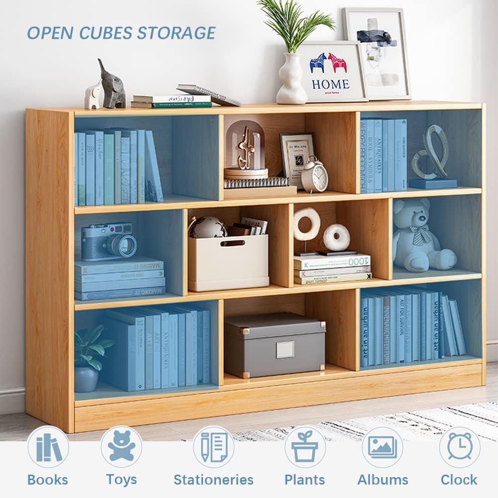 IOTXY Open Shelf Low Bookcase - Wooden 3-Tier Floor Standing Display Cabinet Organizer with Base, 8 Cubes Short Horizontal Bookshelf in Warm White
