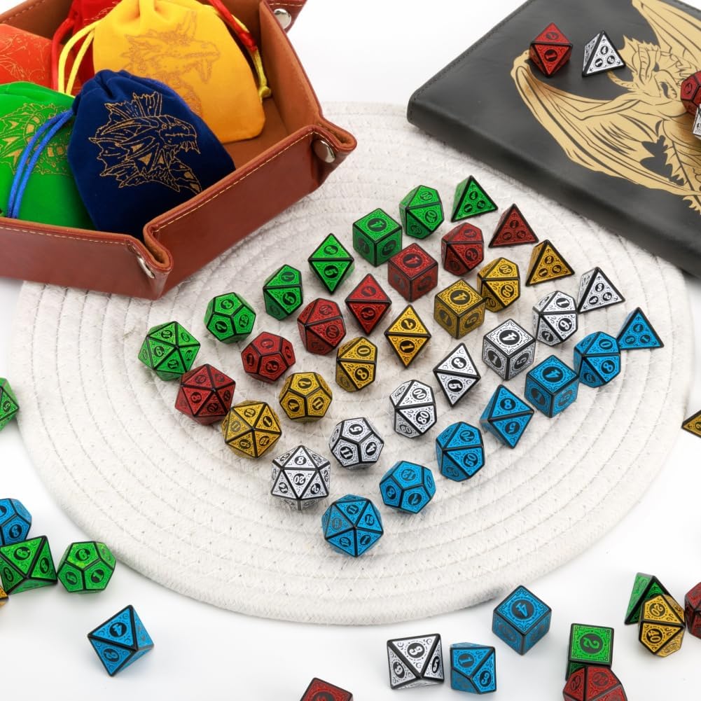 DND Dice Set 35 Pcs Polyhedral Dungeons and Dragons Rolling Dice for D&D RPG MTG Table Games Dice Bulk with Colorful Drawstring Bags and Dice Tray (Retro)