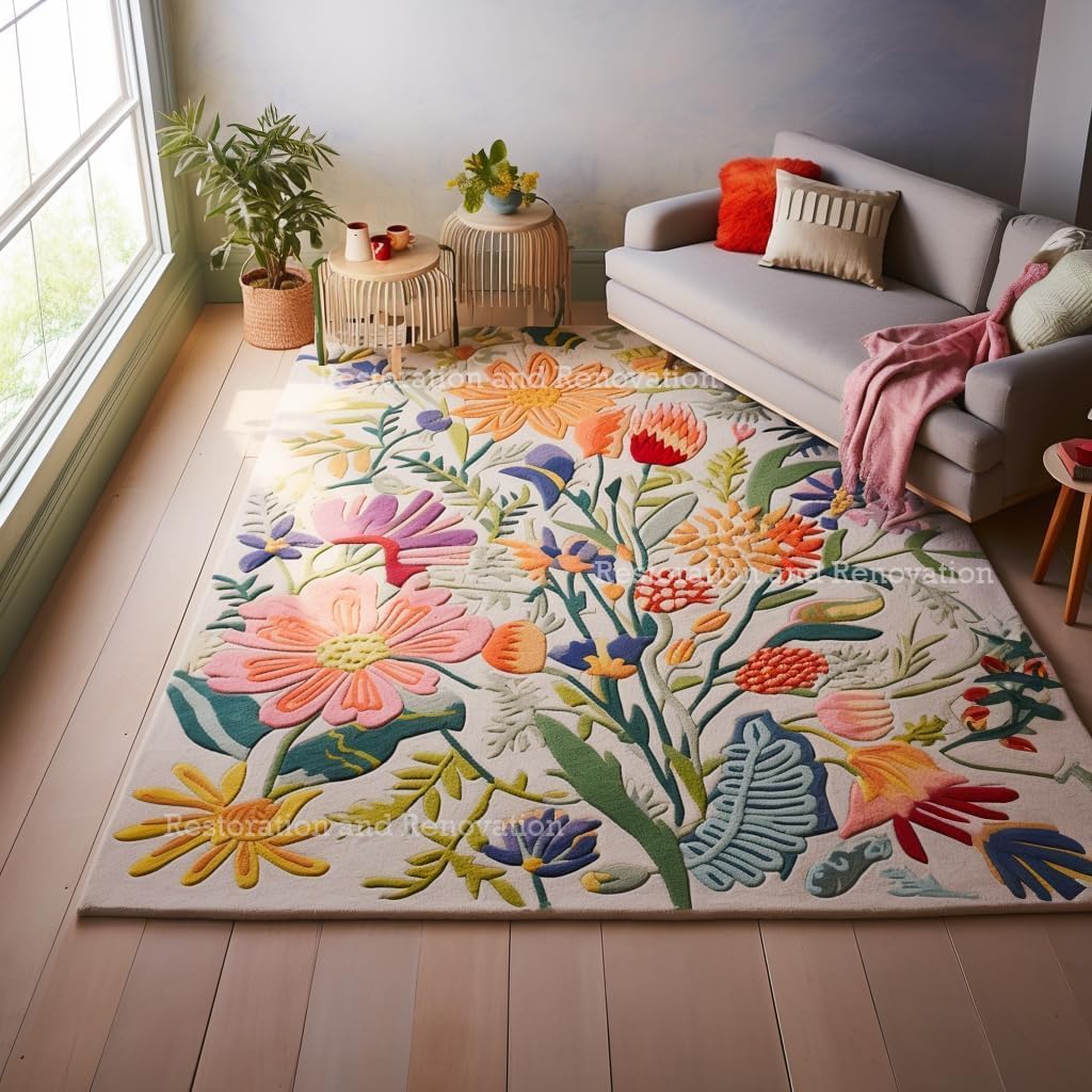 Handmade Wool Floral Area Rug for Living Room | Elegant Flower Garden Design, Soft, Thick and Durable | Bedroom, Dining Room & Home Decor Carpet (7' x 9', Floral B)