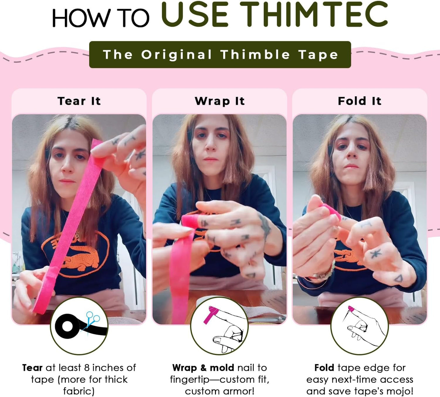 THIMTEC - The Original Thimble Tape for Hand Sewing - Fully Adjustable Nail & Finger Protector - A Smarter Alternative to Classic Knitting Thimbles - Neon Flamingo, 3-Pack