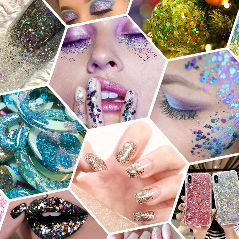 Holographic Chunky Glitter, 5.64oz/160g Craft Glitter Powder Mixed Chunky & Fine Flakes, Iridescent Sequins for Nail Art, Hair, Body, Eye Epoxy Resin, Tumblers, Painting, Festival Decor (Silver)