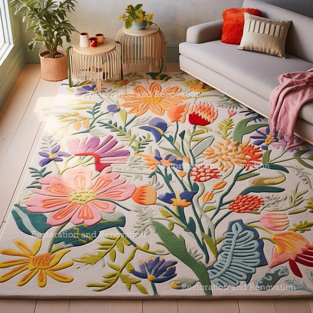 Handmade Wool Floral Area Rug for Living Room | Elegant Flower Garden Design, Soft, Thick and Durable | Bedroom, Dining Room & Home Decor Carpet (3' x 5', Floral B)