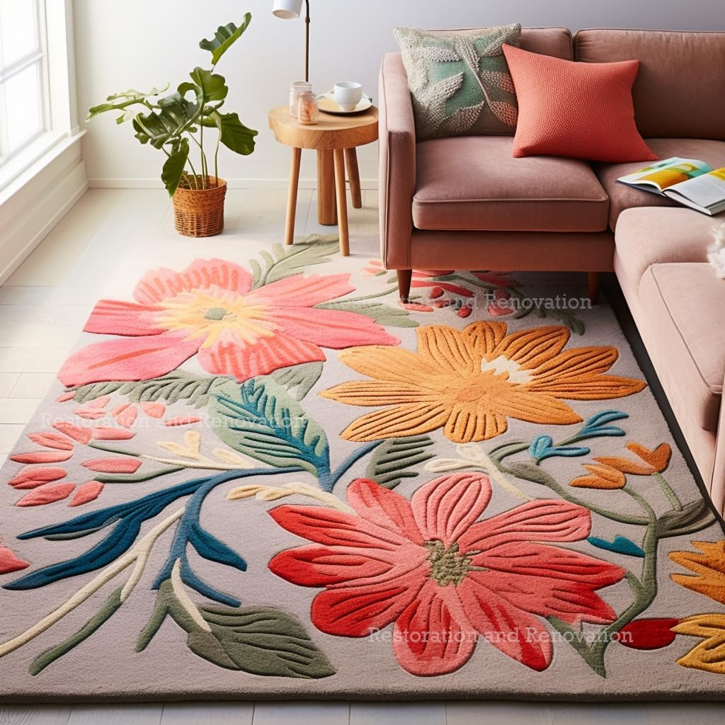 Handmade Wool Floral Area Rug for Living Room | Elegant Flower Garden Design, Soft, Thick and Durable | Bedroom, Dining Room & Home Decor Carpet (2.6' x 12', Floral A)