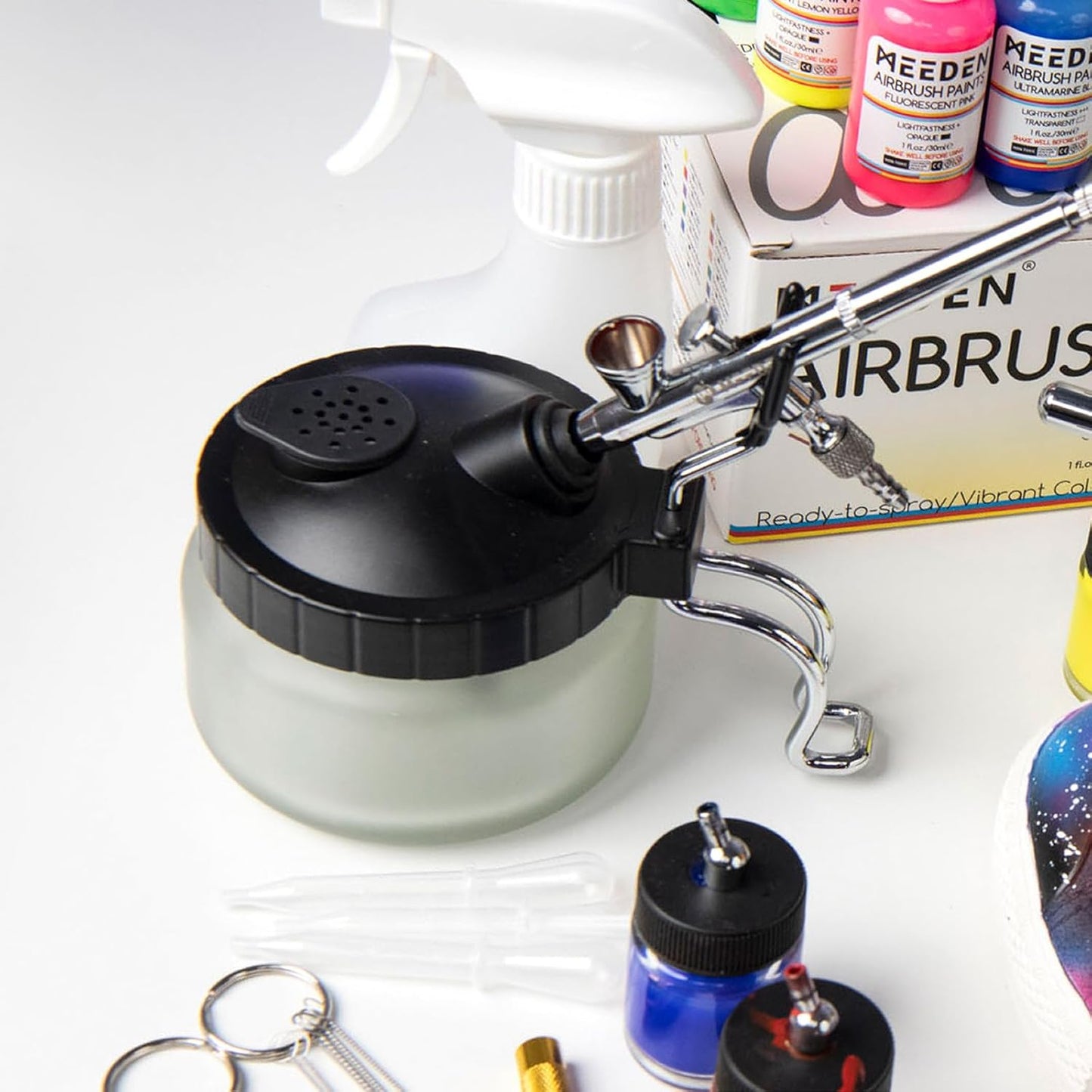 MEEDEN Airbrush Gun Cleaner Kit: Heavy Glass Cleaning Pot with Air Filter Mat and Airbrush Holder, 5 Cleaning Brushes, 5 Cleaning Needles, 1 Nozzle Cleaning Needle