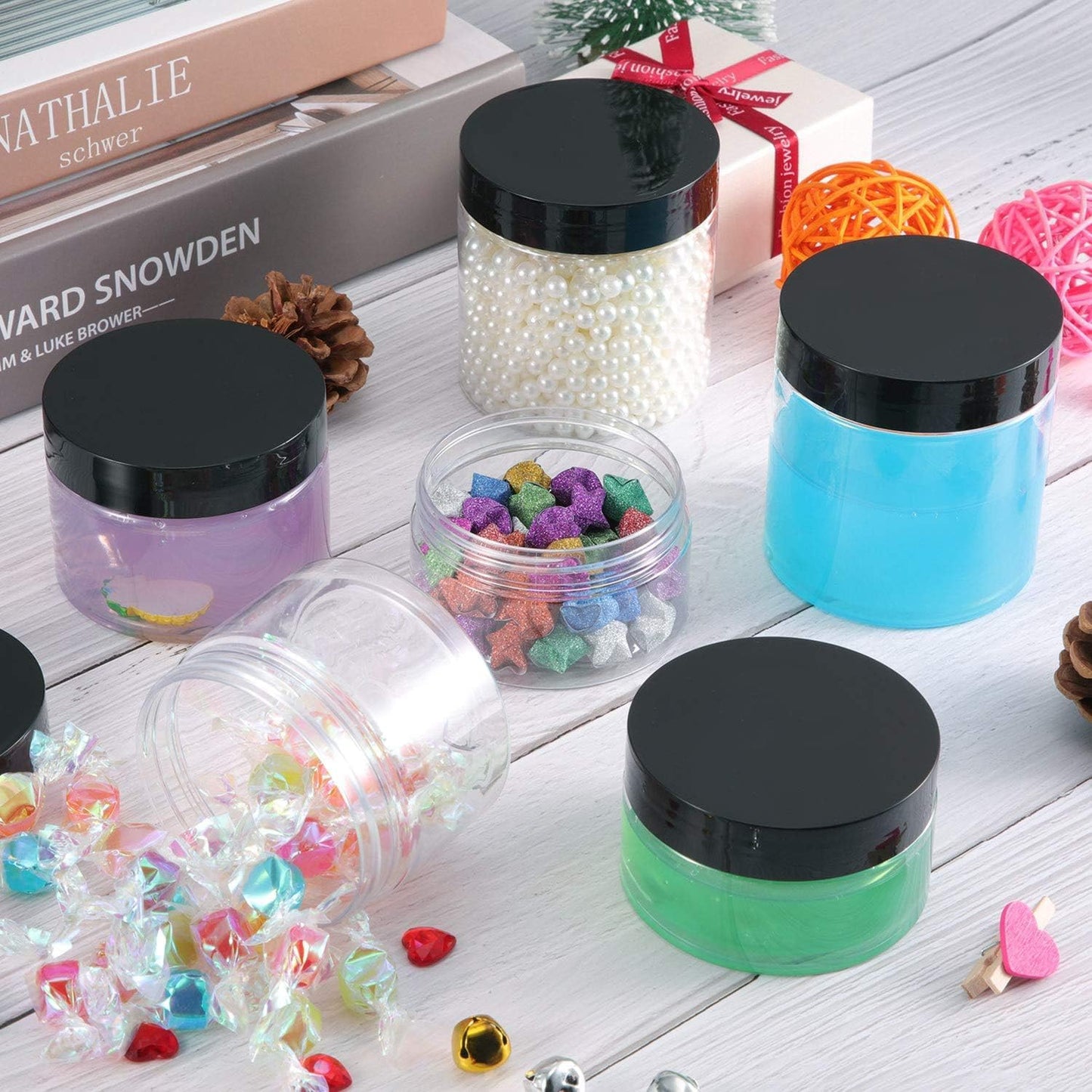 SATINIOR 24 Pieces Empty Clear Plastic Jars with Lids Round Storage Containers Wide-Mouth for Beauty Product Cosmetic Cream Lotion Liquid Butter Craft and Food (Black Lid, 1 oz)