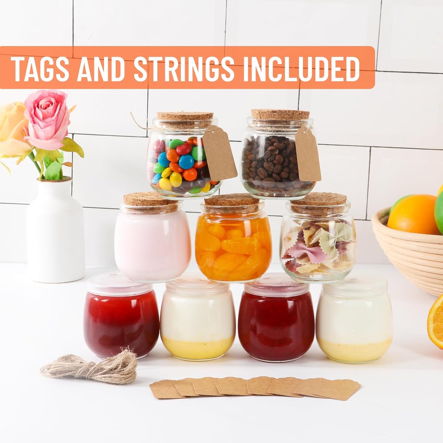 7oz Glass Jars with Cork & PE Lids 40Pack, Small Glass Pudding Jar for Wedding Favors, Milk, Jams and DIY Gift, Yogurt Jars with Tags and Twine Included
