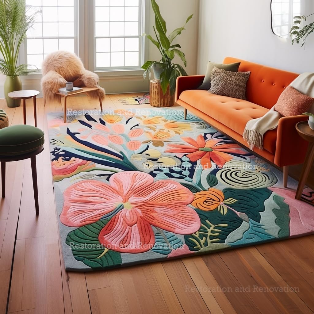 Handmade Wool Floral Area Rug for Living Room | Elegant Flower Garden Design, Soft, Thick and Durable | Bedroom, Dining Room & Home Decor Carpet (9' x 11', Floral D)