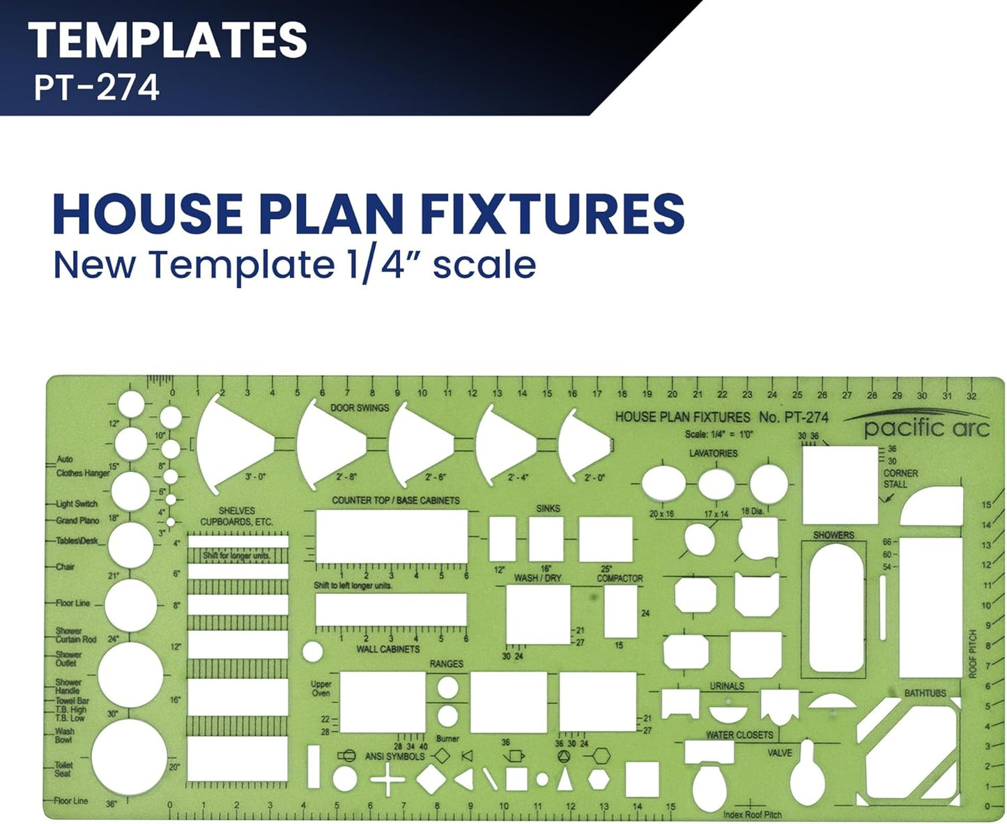 Pacific Arc, House Plan Fixtures Template, 1/4 in, Drawing aid Stencil for Professional or School Work, Size 4.5 x 9.625 in.