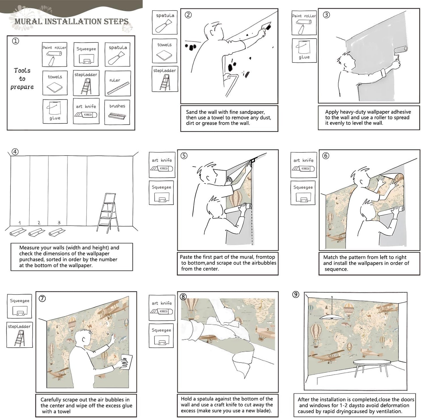 AFZEVEB-Vintage Animal Wallpaper Cartoon Aircraft Map Wall murals for Kids Room 136"x96"(Not Peel and Stick)