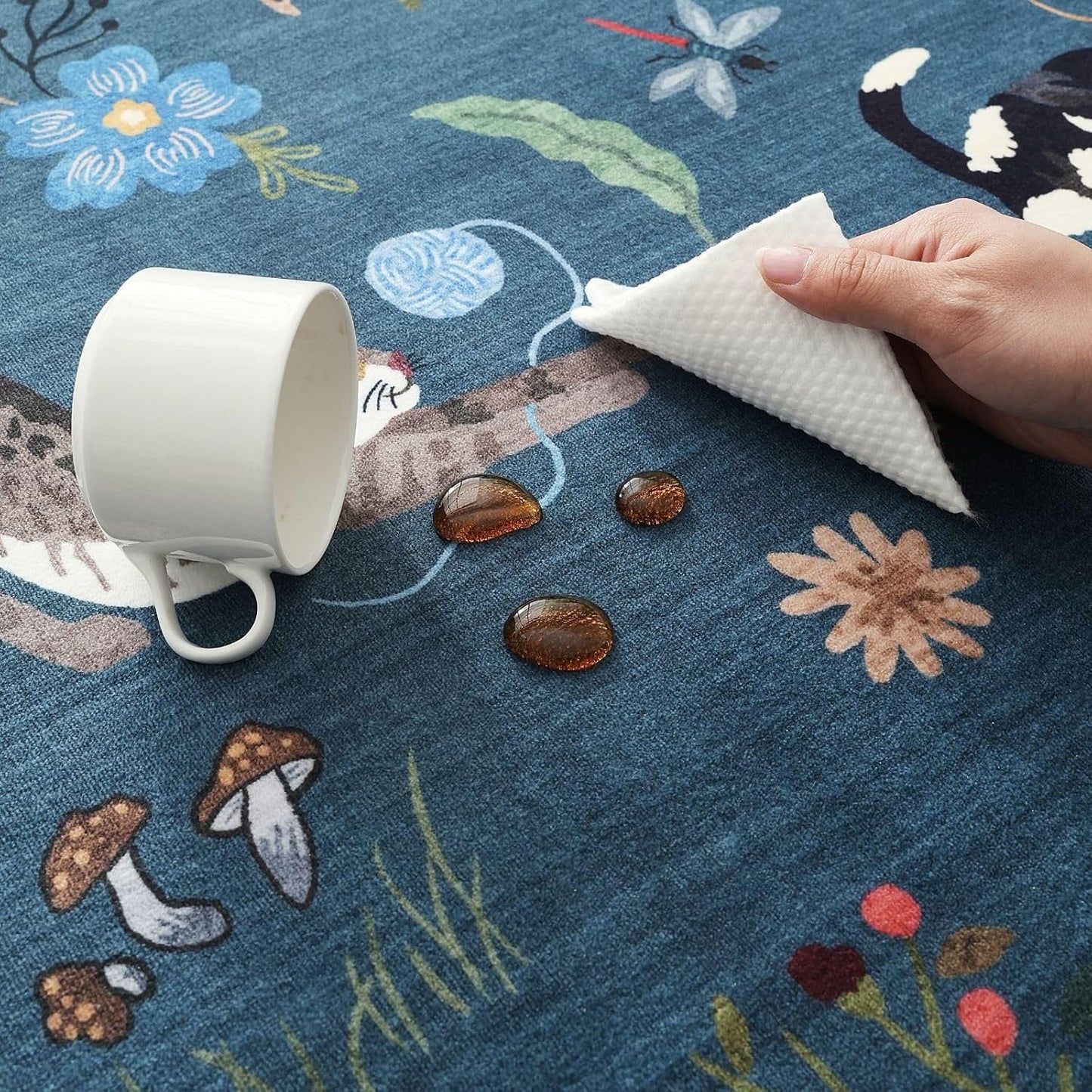 Rugcomf Runner Rug for Kitchen Non Slip 2'x6' Washable Rugs with Rubber Backing Soft Floral Animal Cat Carpet Runner for Kitchen Laundry Bedroom Bathroom, Pearl Gentian Blue