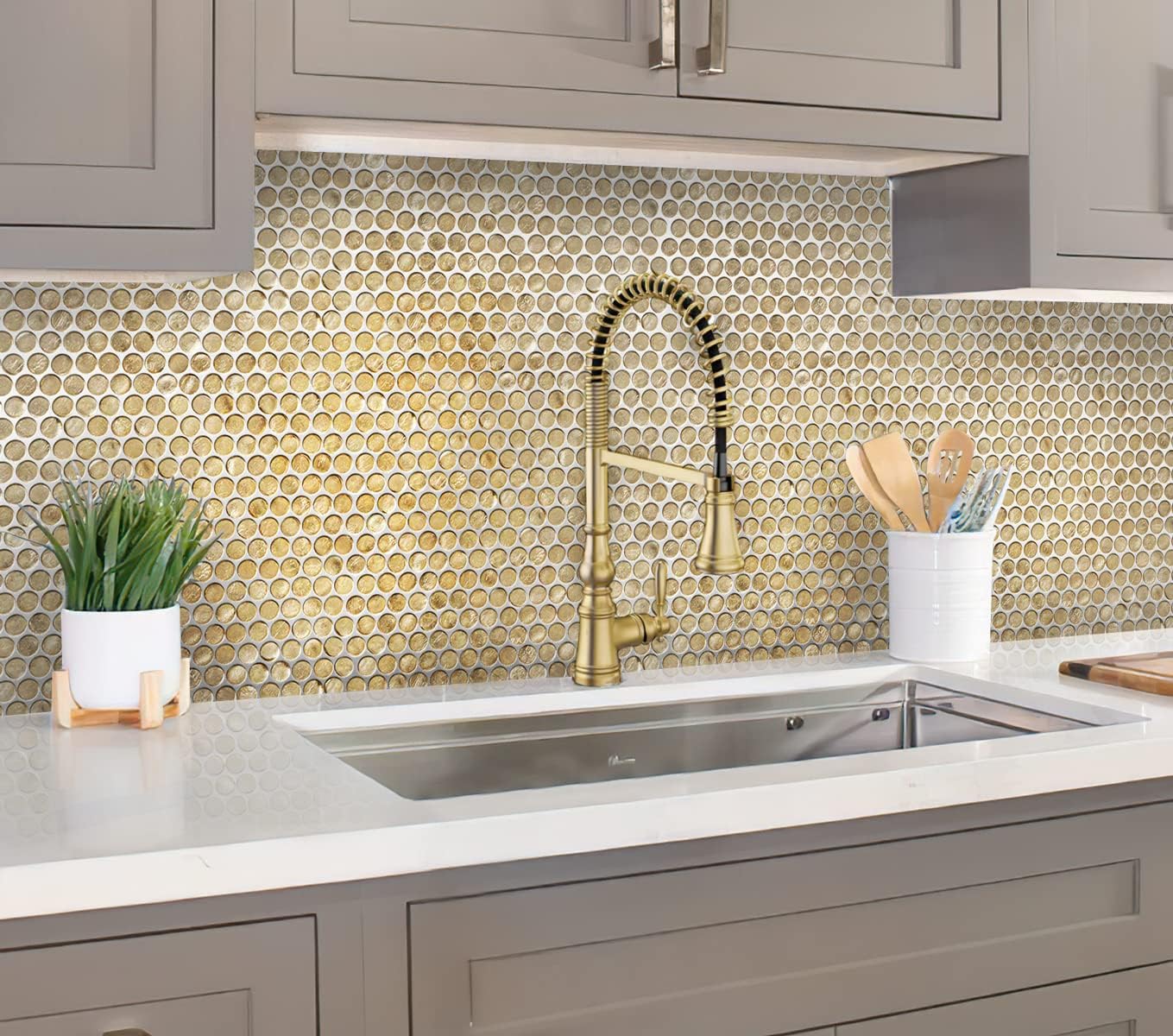 1.03 sq ft/Piece Pack of 1,Glossy Gold Glass Penny Round Mosaic Tiles ā 12.2" x 12.2" Mesh-Mounted Sheets, Not Peel & Stick - Kitchen Backsplash, Shower Wall, Bathroom, Fireplace, Interior Decor