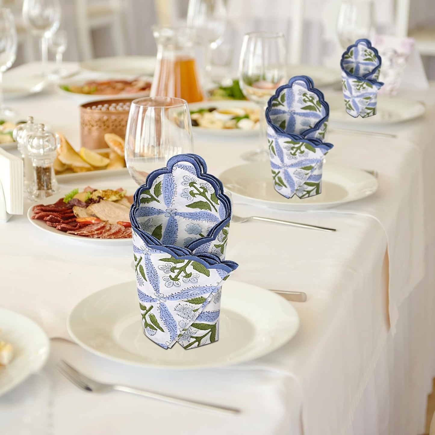 Ridhi Light Steel Blue Hand Block Print Napkins 18" x 18" Set of 4 Reusable Cotton Dinner Napkins for Weddings, Parties & Everyday Dining, Thanksgiving, Christmas, Fall