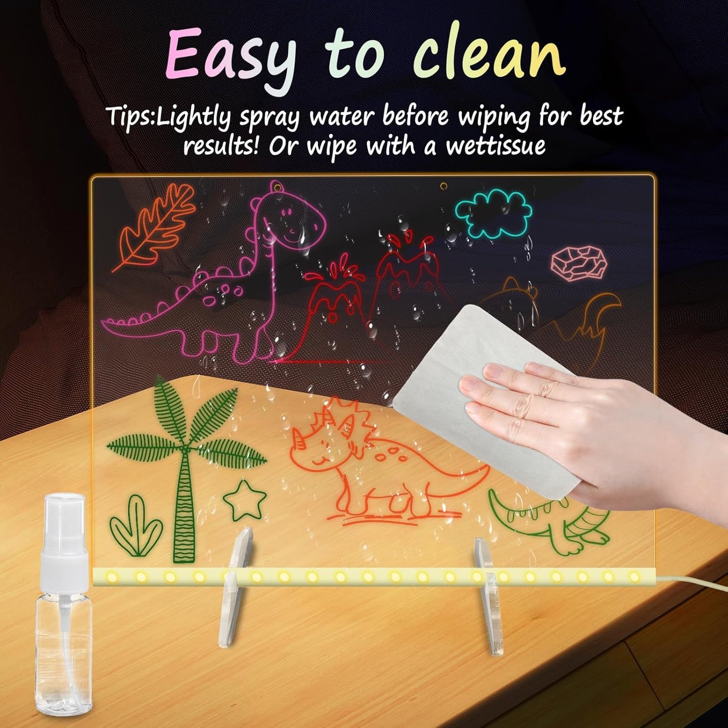 Led Note Board with 7 Colors, 13.8“X10” Lumiboard Led Drawing Board for Kids, 4 Modes Acrylic Dry Erase Board with Light, Glow Rewritable Message Board with Stand, Include 7 Markers, Hanging Chain