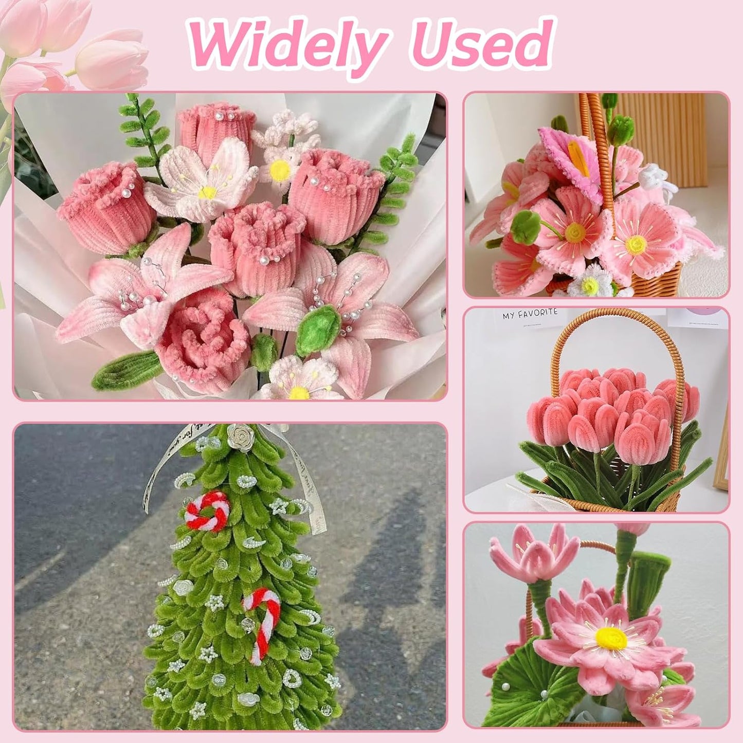 OFFAXE 400Pcs Pipe Cleaners Craft, Pipe Cleaner Bulk Flower Kit, 4 Assorted Colors Chenille Stems Flower Making Kit with Floral Wires, Gardening Tape, Stamen, Ribbon for DIY Art and Craft Supplies