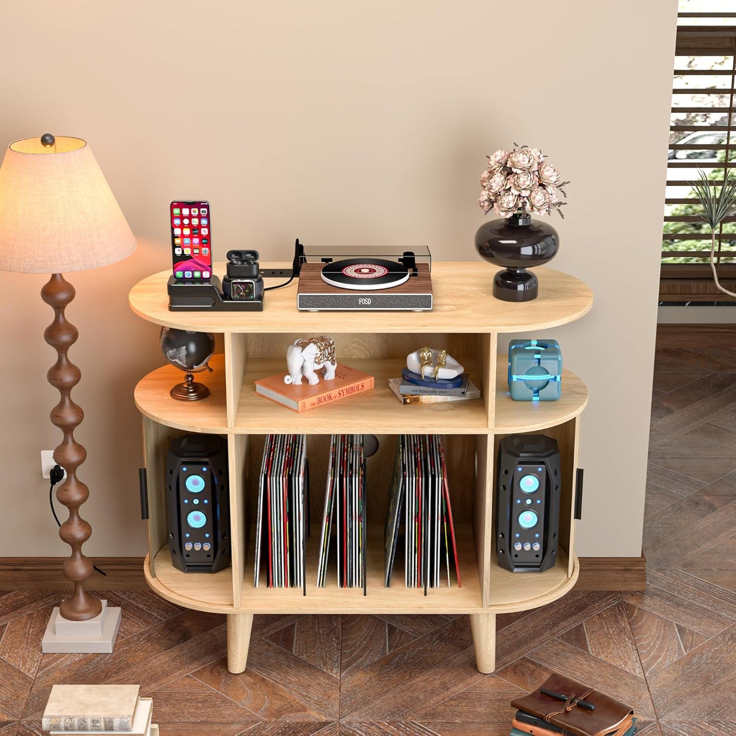 Large Round Record Player Stand with Charging Station & USB Ports,Record Storage Cabinet, Mid Century Modern Turntable Stand for Bedroom Living Room (Small Oak)