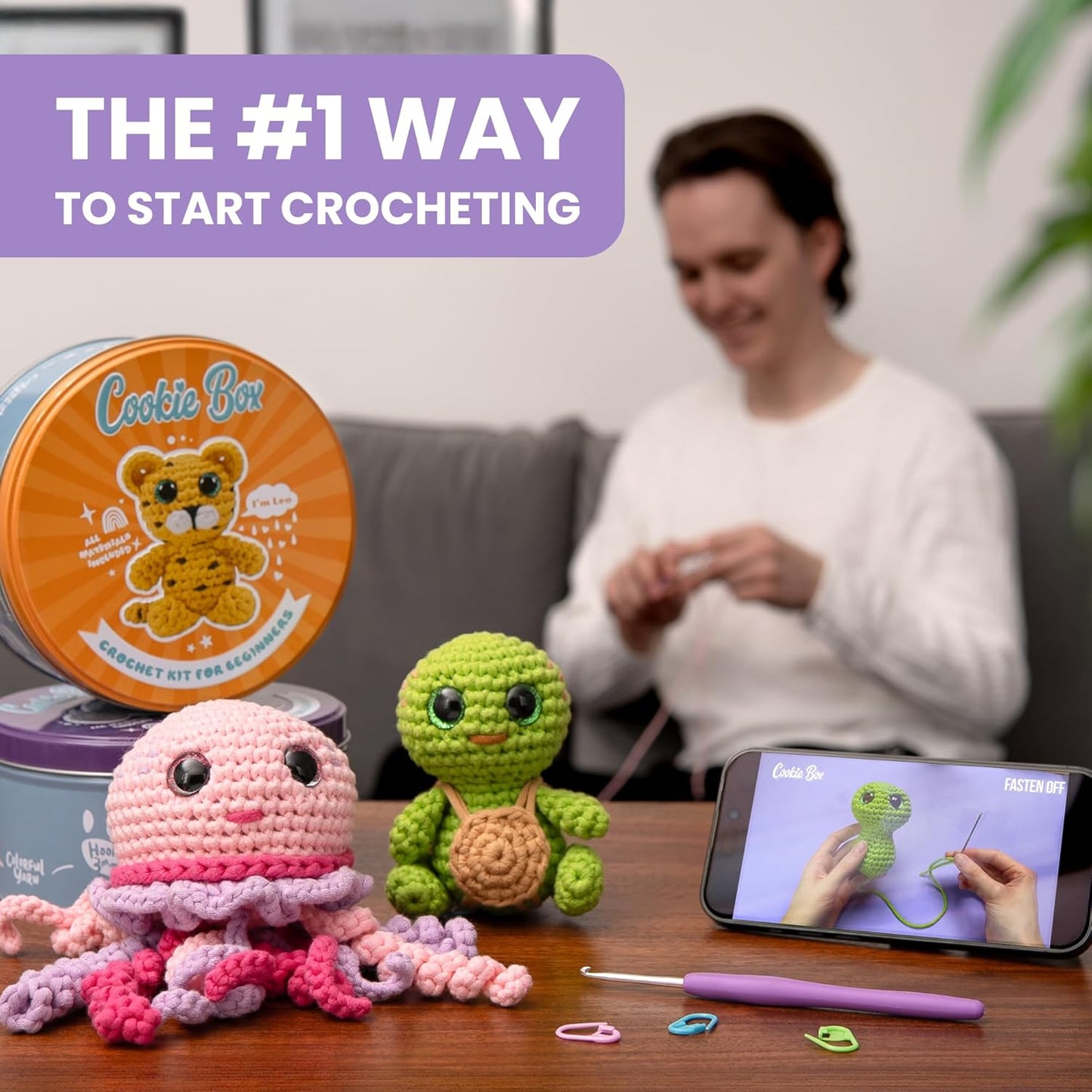 Cookie Box Crochet Kit for Beginners β Gift Set to Make Jellyfish Jenny Amigurumi Plushie β Easy DIY Crochet & Knitting Starter Kit with Video and PDF Tutorials