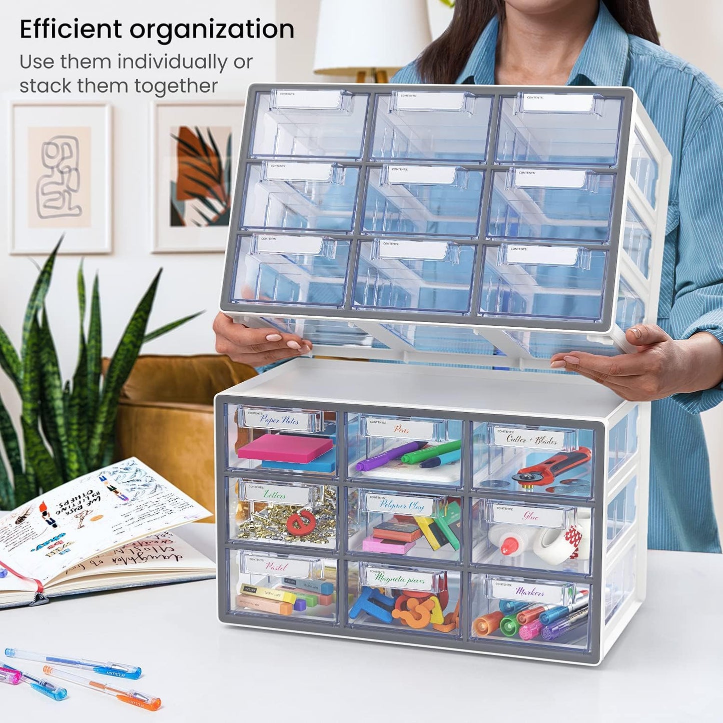 Arteza 9 Drawer Storage Cabinet, 16.1 x 9.3 x 9.8 inches, White, Plastic Drawers with Stoppers, Multi Compartment Organizer for Makeup and Art Supplies