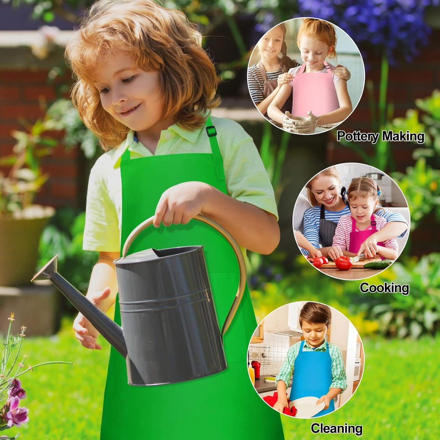 PLULON 10 Pcs Kids Apron Set Adjustable Children Art Aprons with 2 Pockets Artist Apron Bulk for Baking Painting Cooking Activity - 10 Colors