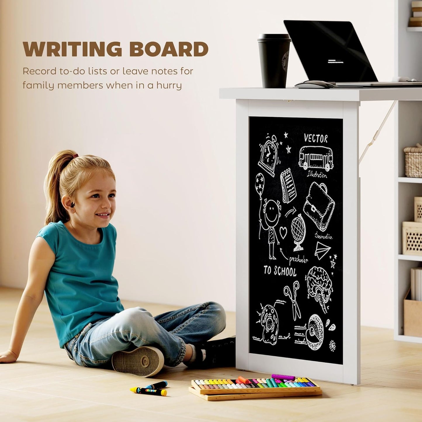 HOMCOM Fold-Out Convertible Writing Table, Wall Mount Desk Cabinet with Blackboard and Side Shelf Multi-Function Home Office Workstation, White