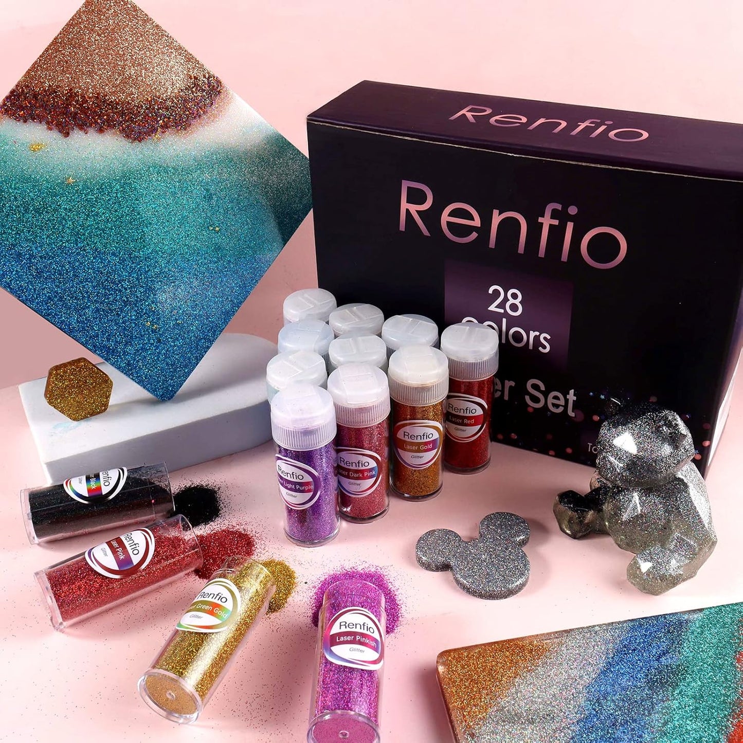 Renfio 28 Colors Holographic Glitter Set, 14.81oz 420g Ultra Fine Glitter Powder PET 1/128" 0.008" 0.2mm Resin Suppies Assorted Craft Glitter for Fake Nails, Resin Art, Tumblers, Slime, Hair, Bomb