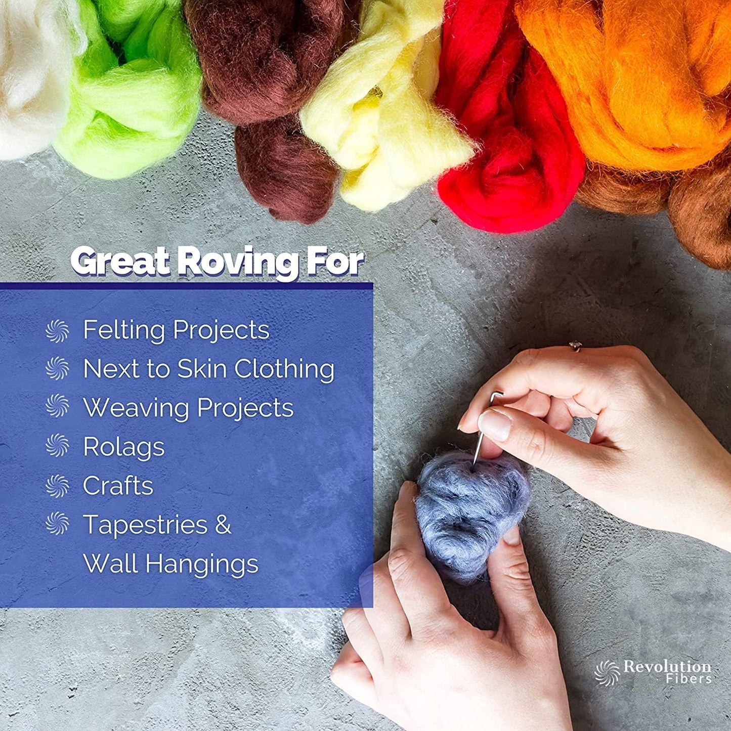 Revolution Fibers Merino Wool Roving | Premium Combed Wool Top | 22 Micron, Perfect for Felting Projects, Spinning, Wall Hangings and Tapestry (Ash)