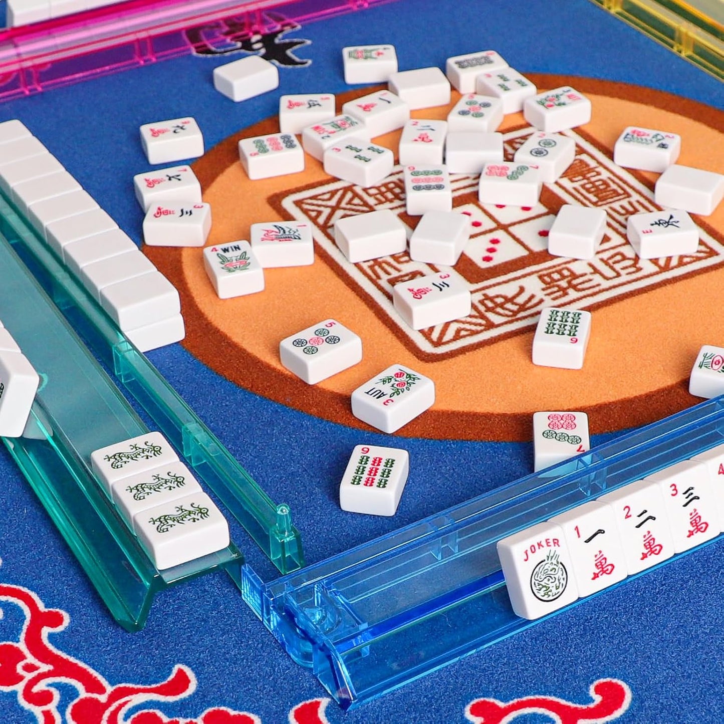American Mahjong Game Set, 166 White Tiles, 4 All-in-One Color Rack/Pushers, Complete Mahjong Tile Set Red Printed Carrying Bag