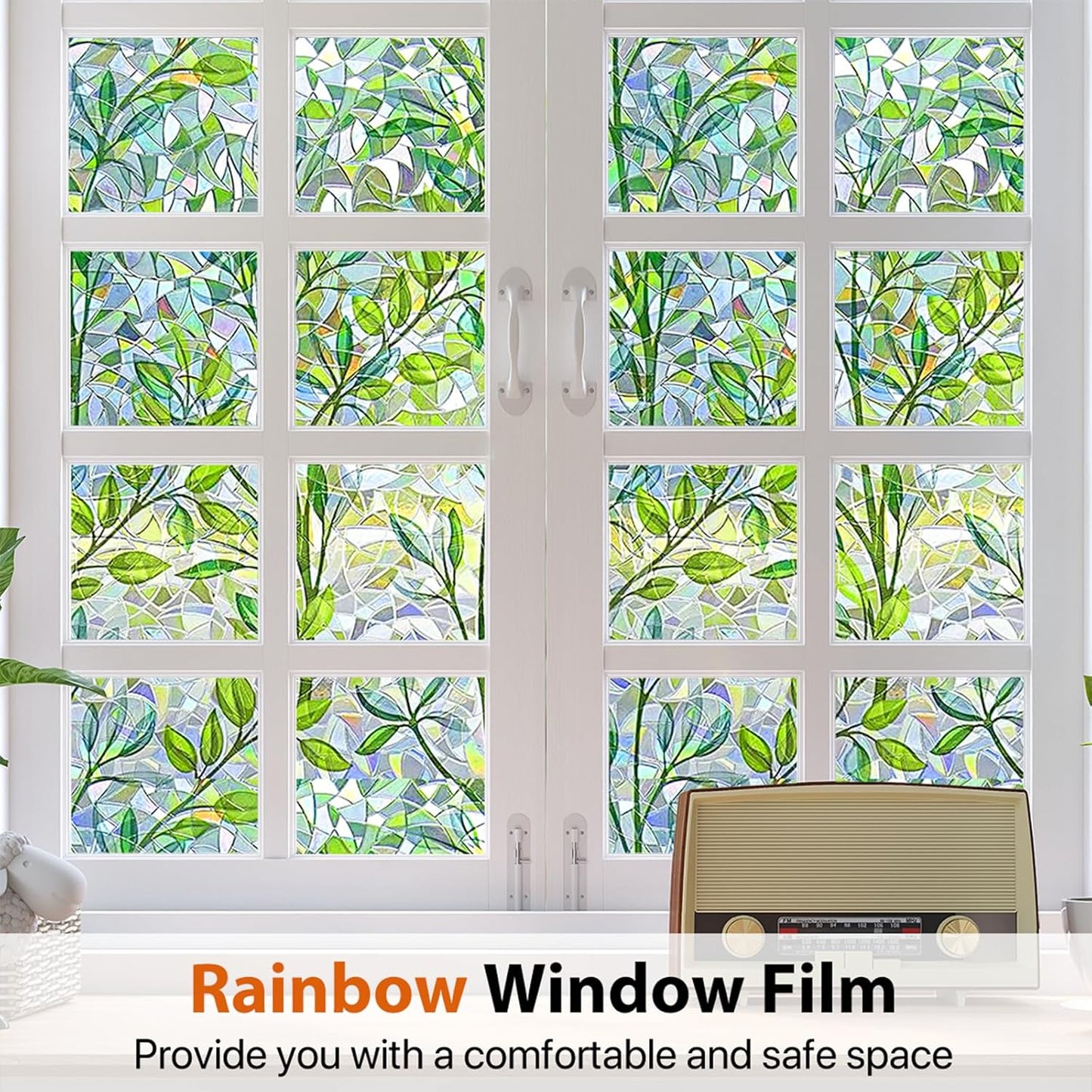 Niviy Window Privacy Film Stained Glass Window Film with Installation Tools, Rainbow Windows Decorative Decals Non-Adhesive Reusable for Home, Bathroom, Glass Door (Leaf Rainbow, 35.4 x 118 in)