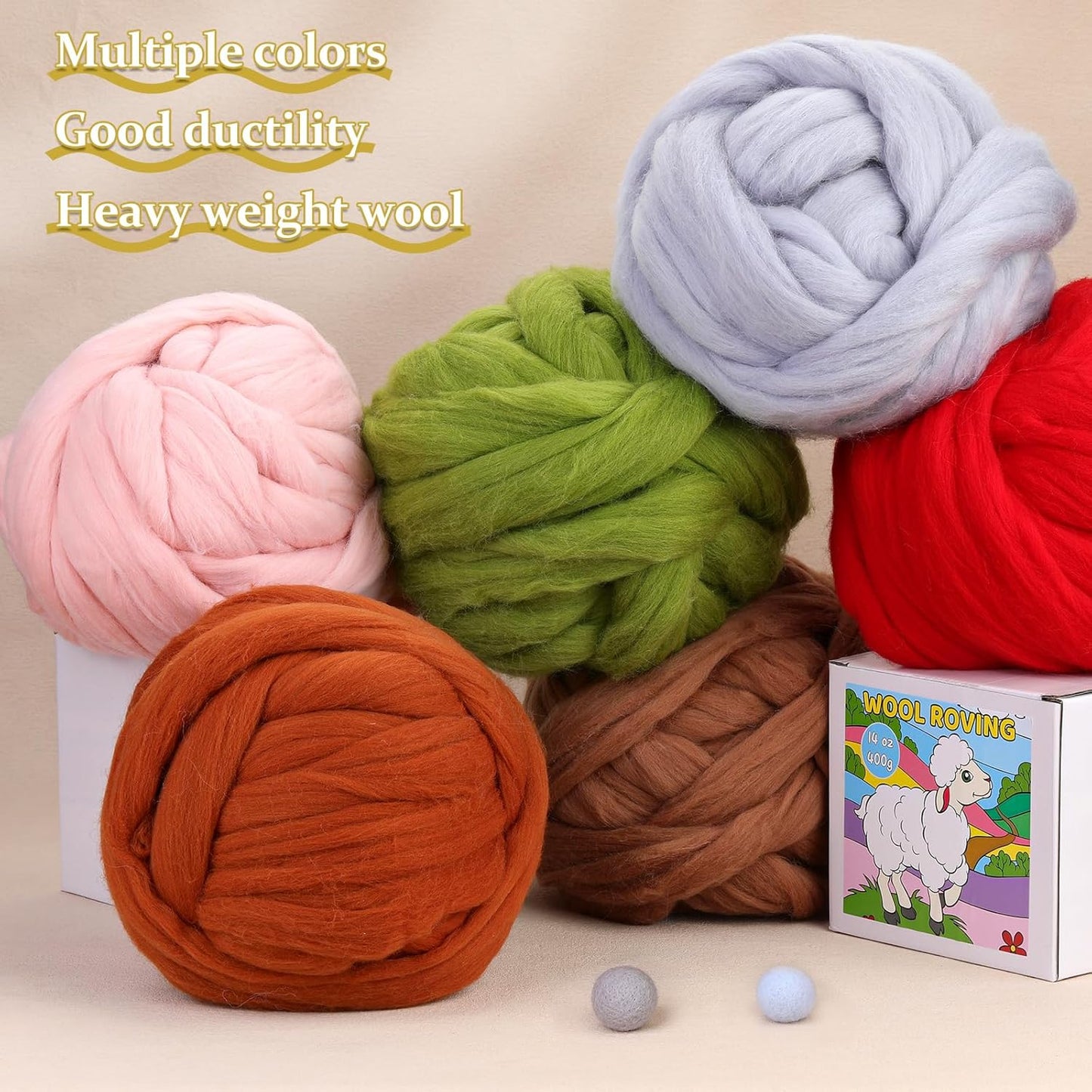 QMNNMA 14.1oz Wool Roving Yarn, Fiber Roving Wool Top, Wool Felting Supplies, Chunky Yarn, Handmade Carded Core Woolen for Craft, Wet Felting DIY Hand Spinning