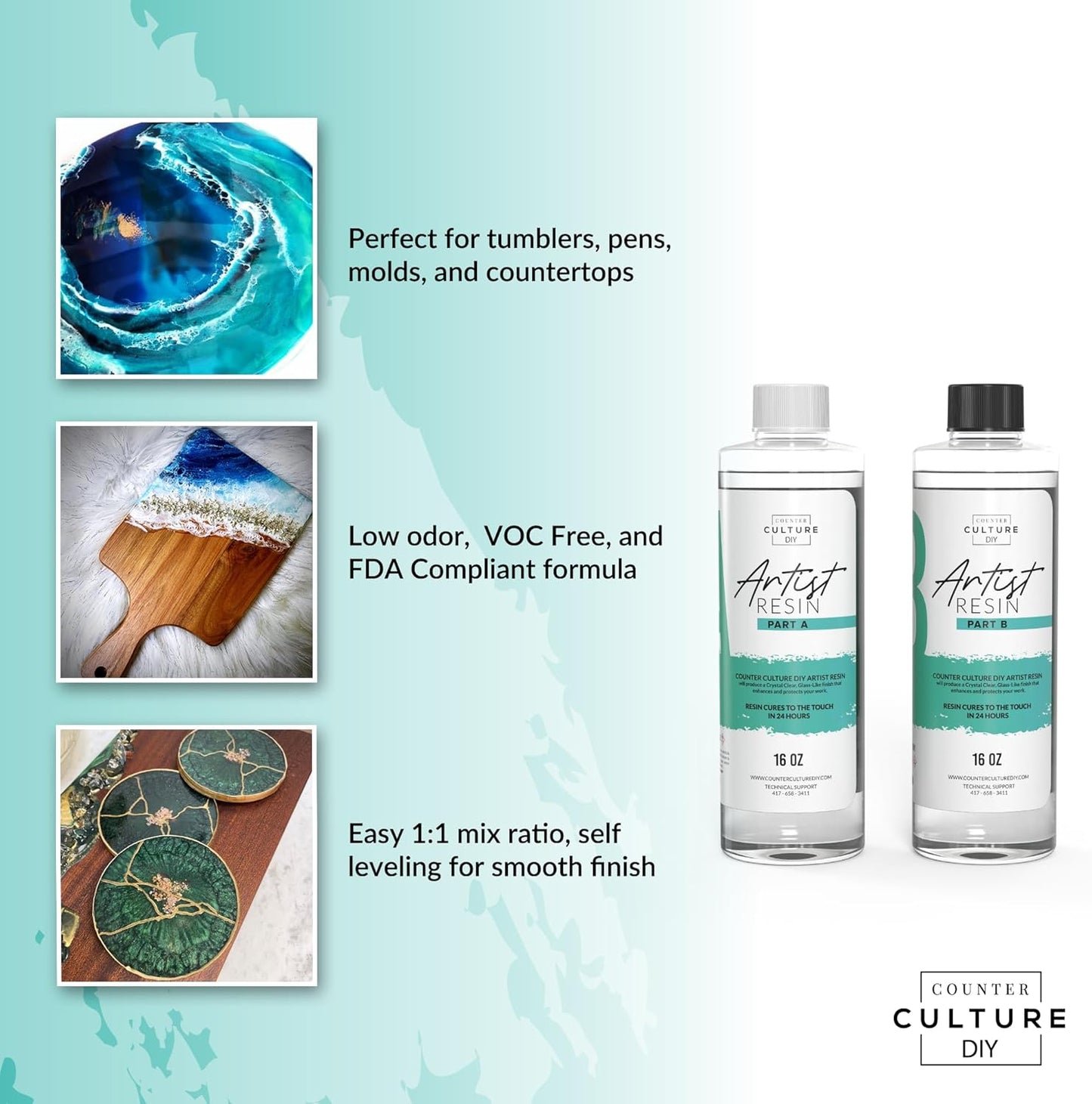 Counter Culture DIY Clear Artist Resin, 8 oz Kit, Art Epoxy Supplies for Metallic Stains Acrylic 100% Solids Easy Coat No VOCs Scratch UV Heat Resistant 500 Degrees…