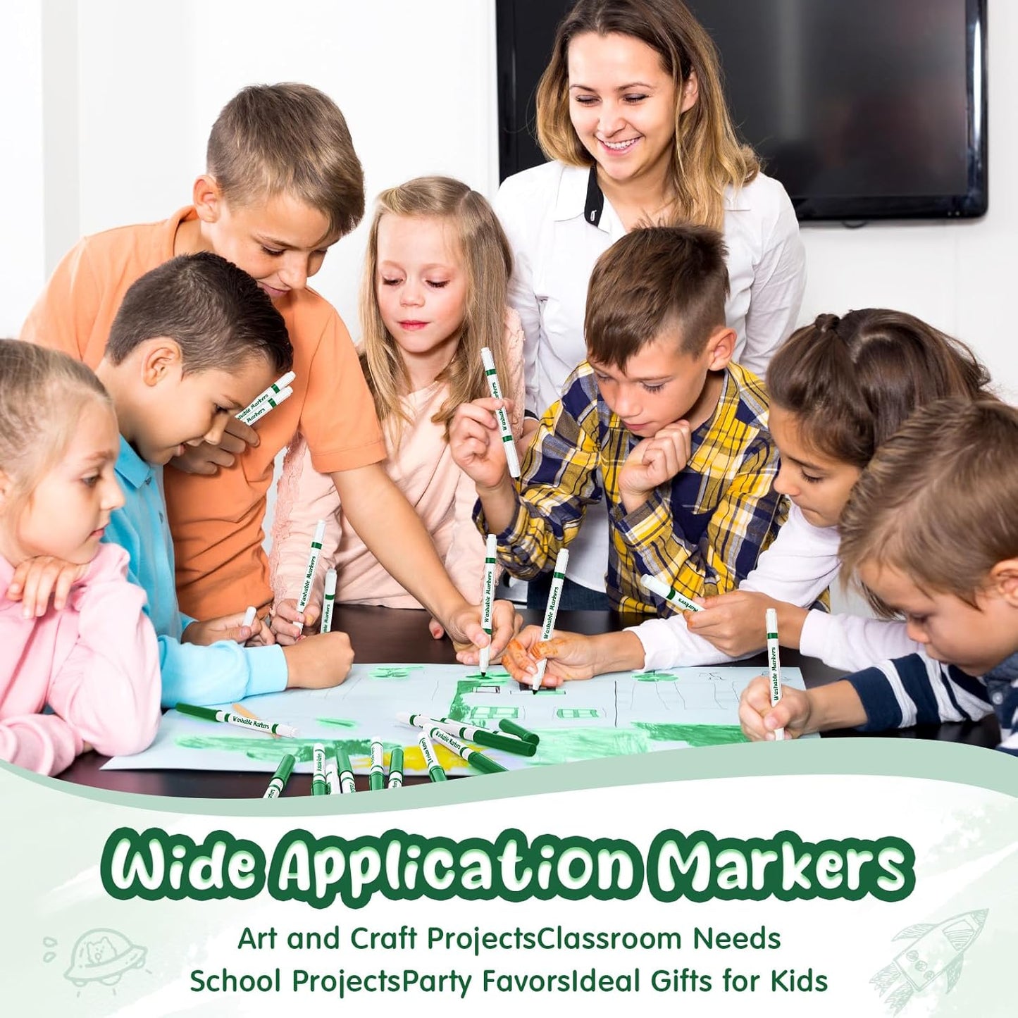 18 Pcs Line Washable Markers Bulk Green Fine Tip Markers Set Coloring Thin Tip Drawing Washable Pen for Kids Art School Classroom Back to School Gender Reveal Party Supplies, Ages 6+