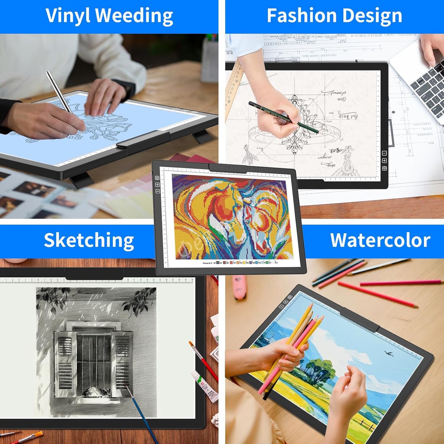 HIUKCOLED Rechargeable A4 Light Pad, Battery Powered Light Board with Top Clip๏ผStand, Stepless Dimmable๏ผ6-Level Brightness Adjustable, Wireless LED Tracing Box for Diamond Painting,Drawing,Sketching