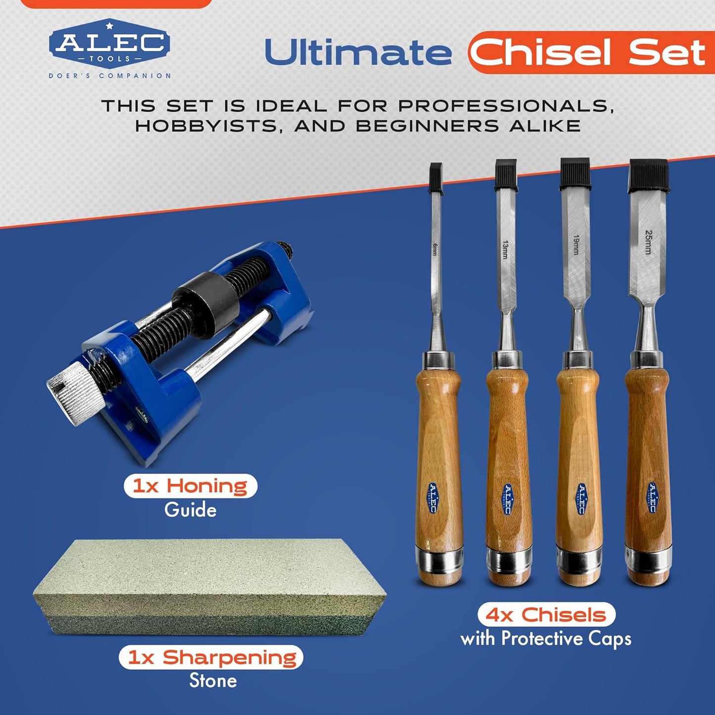 Wood Chisel Set Carpenter Tools – 4Pcs Beech Wood Carving Set with Sharpening Stone, Honing Guide – Woodworking Chisels with Pre-Sharpened Steel Blades – Ideal for Pros, DIY, Hobby