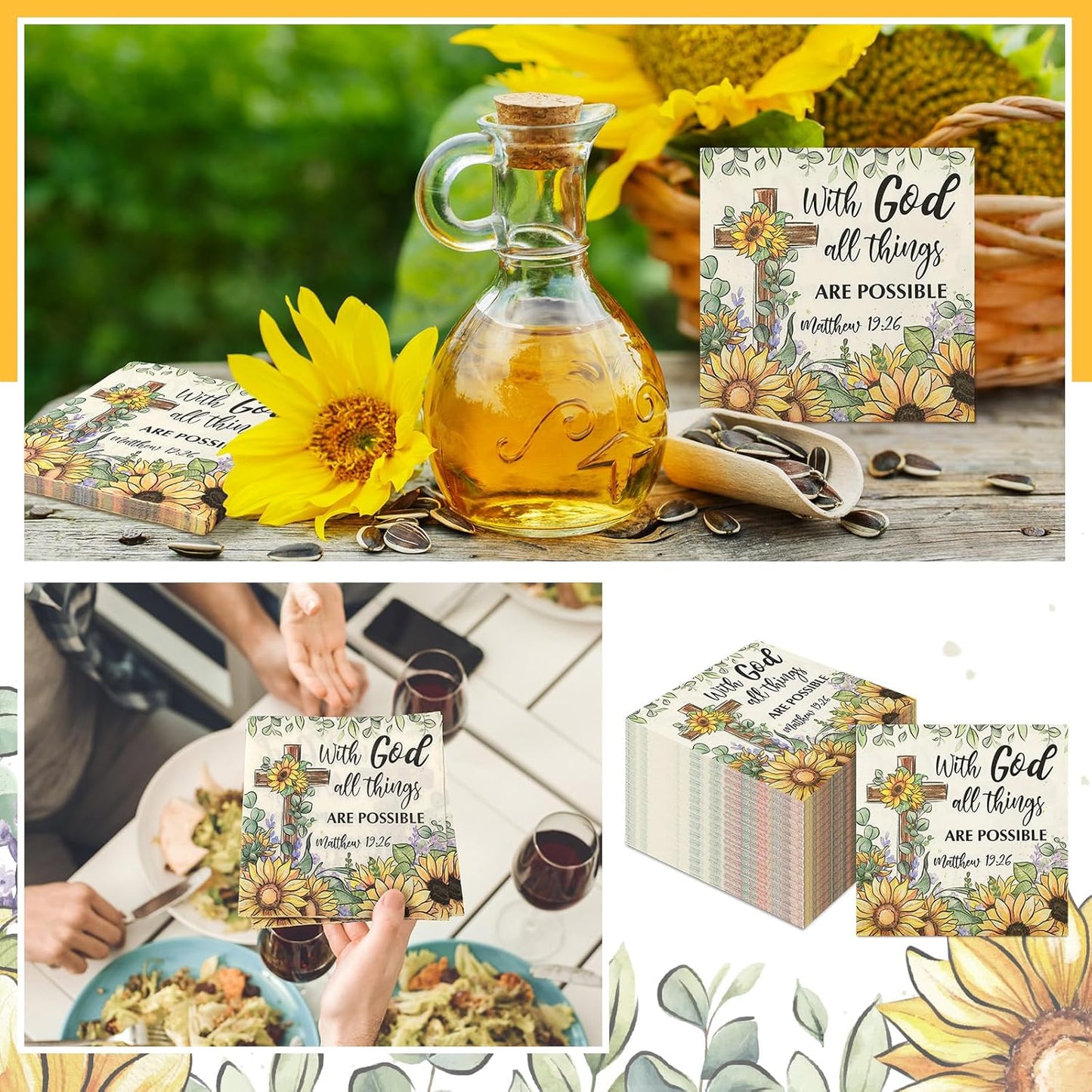 60 Pcs Sunflower Christian Cocktail Paper Napkins 6.5 x 6.5 Inches Disposable Paper Napkins Dessert Beverage Tissue for Decoupage Luncheon Tissue for Theme Party Wedding Birthday Party