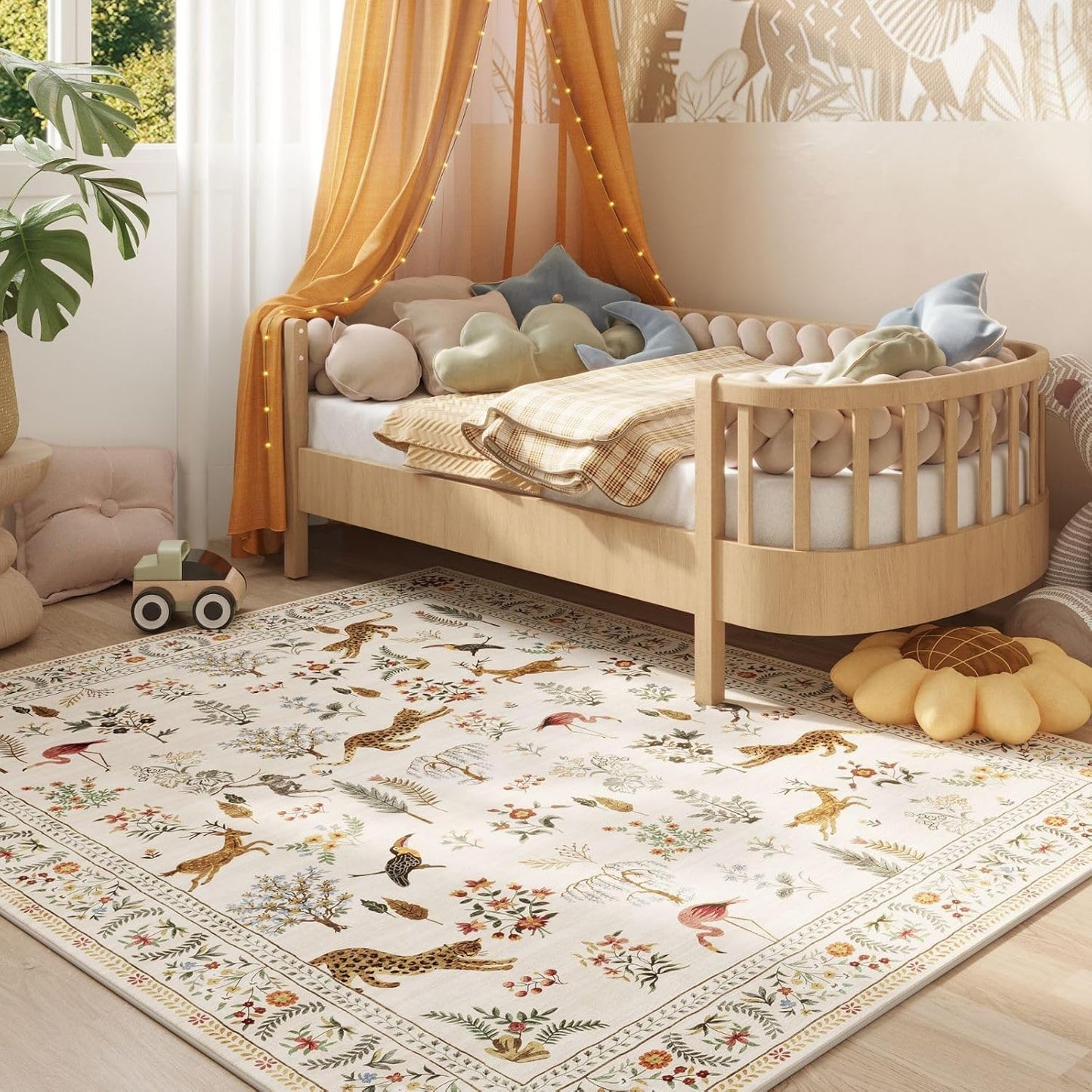 Rugcomf Area Rugs 8x10 Rug for Living Room Clearance Washable Boho Area Rug Non Slip Floral Animal Vintage Low Pile Large Rug for Living Room, Bedroom, Farmhouse, Dining Room, Kids Playroom (Beige)