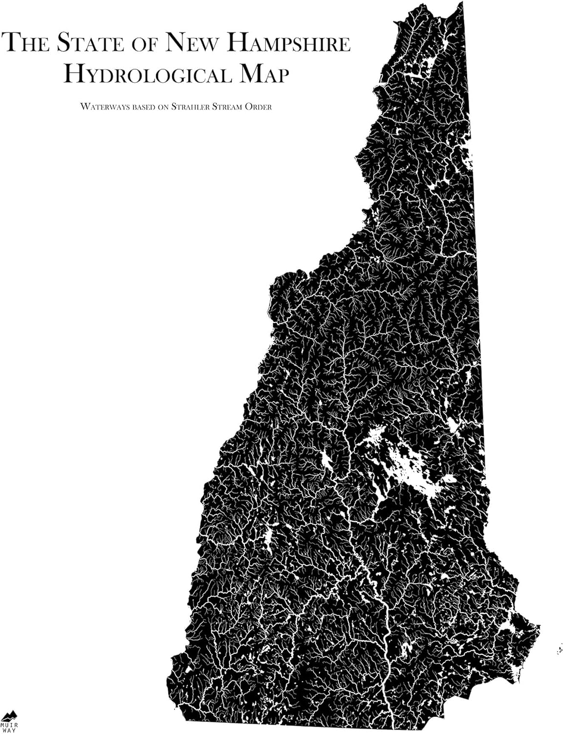 Muir Way Hydrological River Map of New Hampshire - Watershed Topographic Wall Art for Home, Office, or Travel Decor - Unframed Flat Paper Print, 18x24