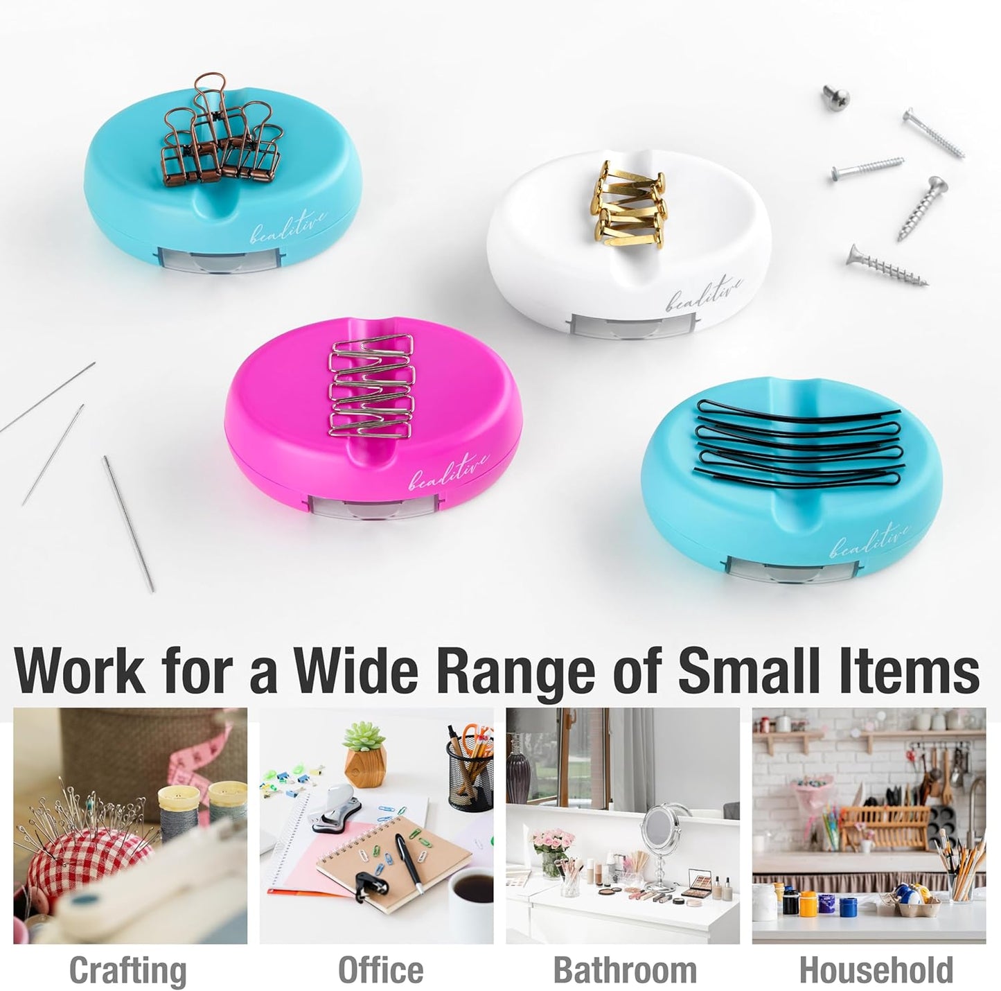Beaditive Magnetic Pin Cushion with Drawer - Strong Magnet Pin Holder Cushions for Sewing - 50 Glass Head Quilting Pins Included - Chic Pincushion Caddy for Sewing Pins, Paper Clips, Screws โ White