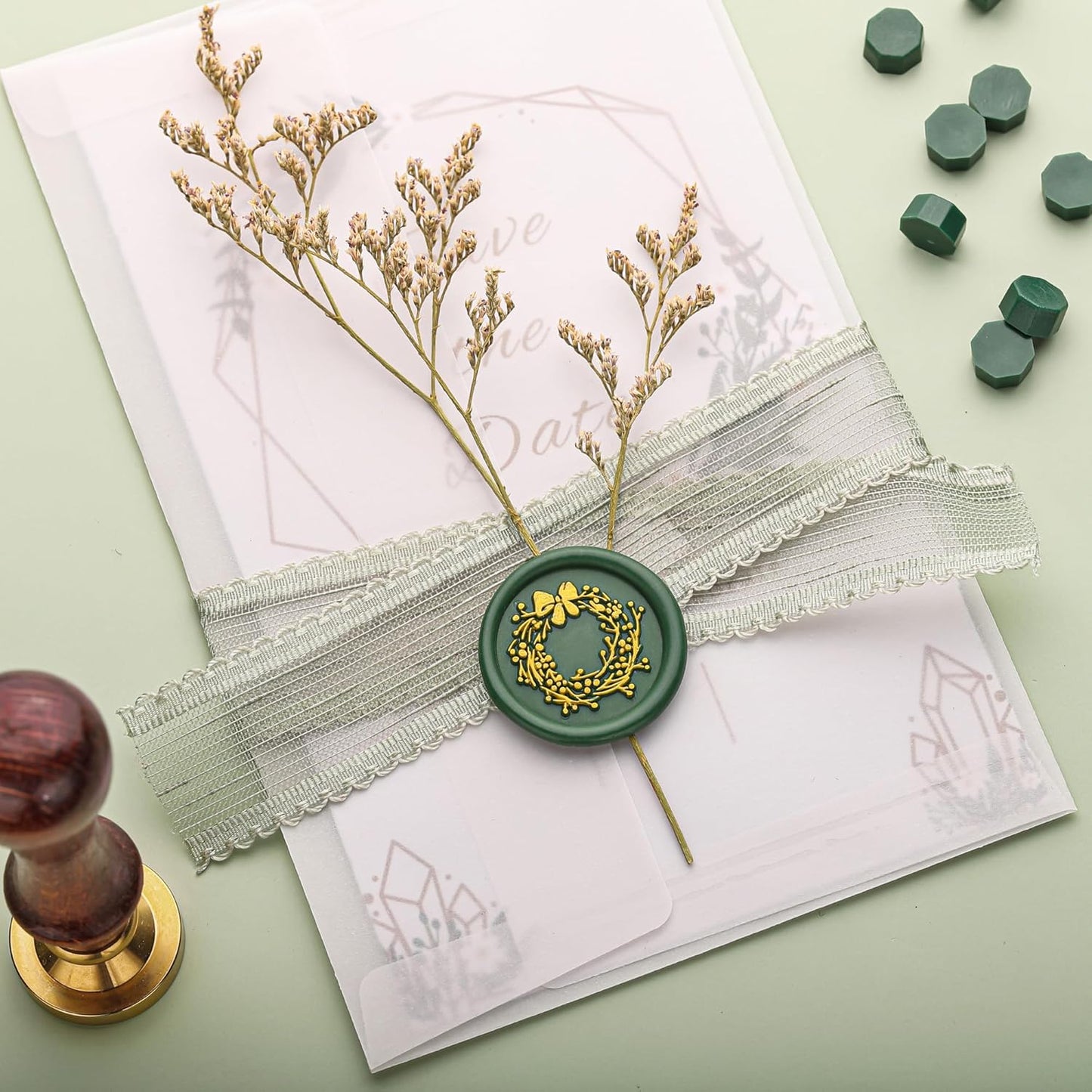 Yoption 360Pcs Olive Green Sealing Wax Beads, Hexagon Wax Seal Beads with 4Pcs Tea Candles and 2 Spoons for Wedding, Christmas, Gift, Envelopes