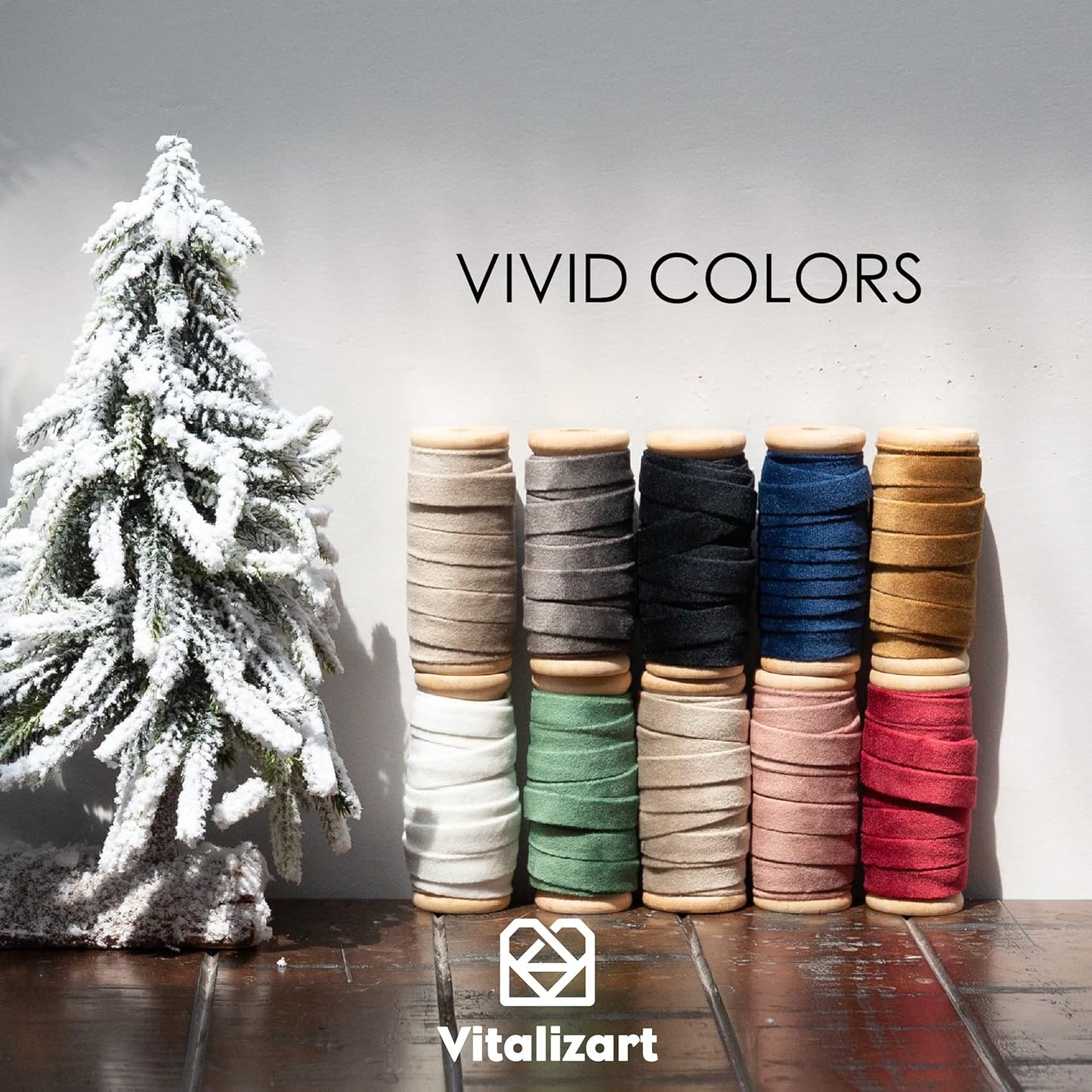 Vitalizart Camel Velvet Ribbon Set 3/8"" x 15 Yd Wooden Spool Fabric Trim 3 Rolls * 5 Yd for Christmas Wreath Decoration Handmade Craft Ornaments Gift Wrapping & Bow Making
