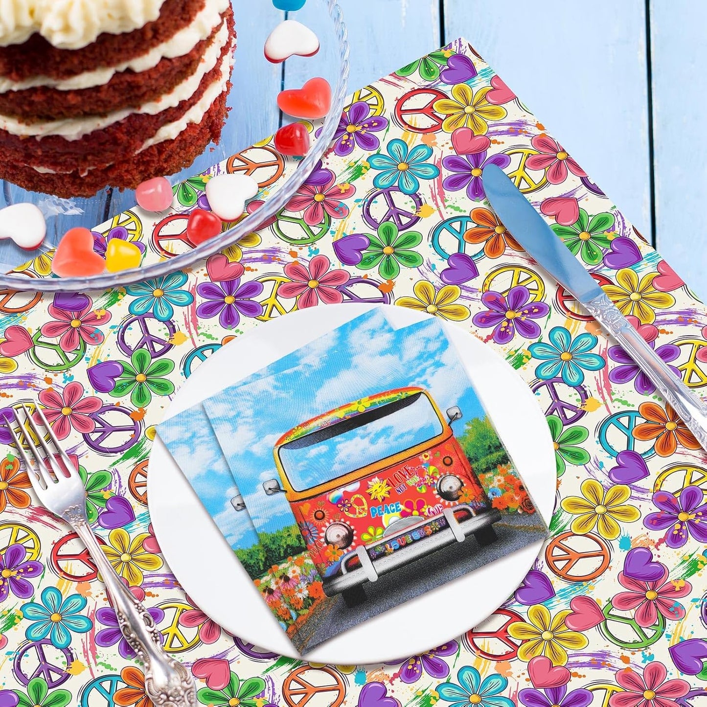60 Pcs 60's 70's Hippie Party Cocktail Paper Napkins 6.5 x 6.5 Inches Disposable Paper Napkins Dessert Beverage Napkin for Decoupage Luncheon Napkin for Theme Party Wedding Birthday