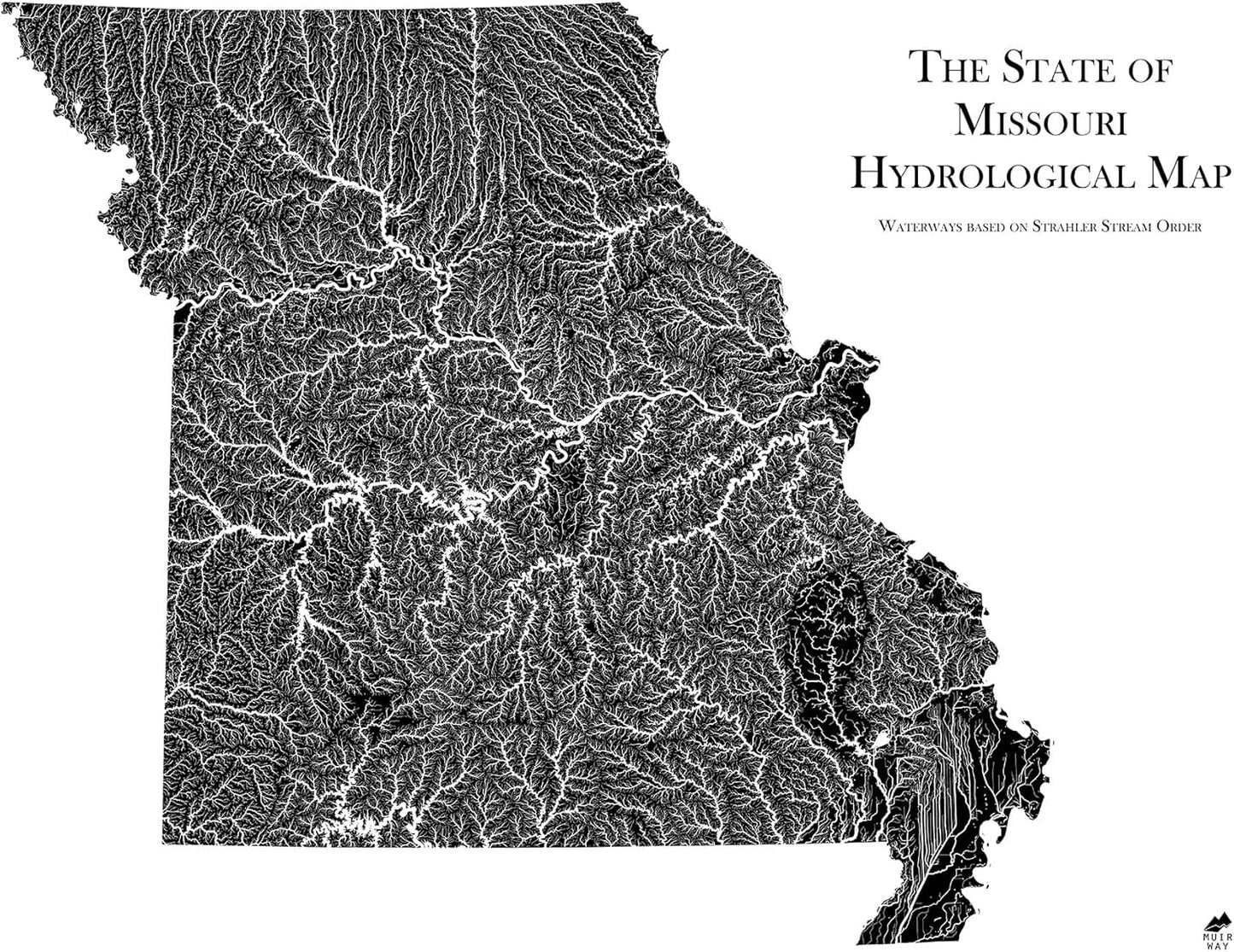 Muir Way Hydrological River Map of Missouri - Watershed Topographic Wall Art for Home, Office, or Travel Decor - Unframed Flat Paper Print, 18x24