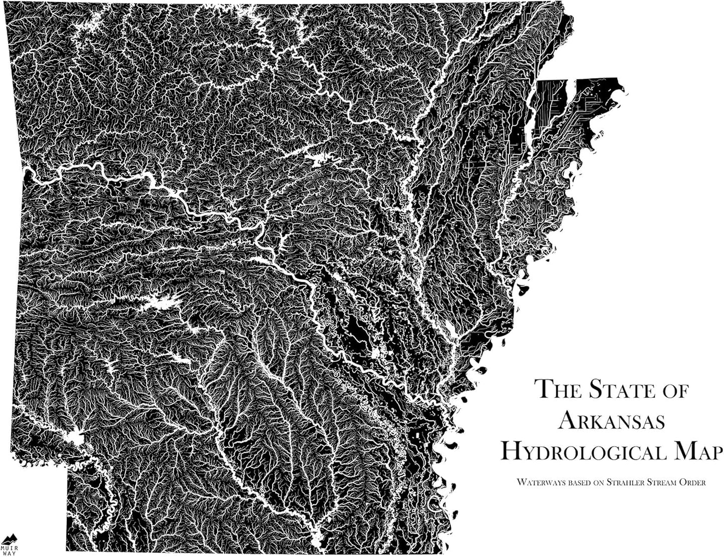 Muir Way Hydrological River Map of Arkansas - Watershed Topographic Wall Art for Home, Office, or Travel Decor - Unframed Flat Paper Print, 24x30