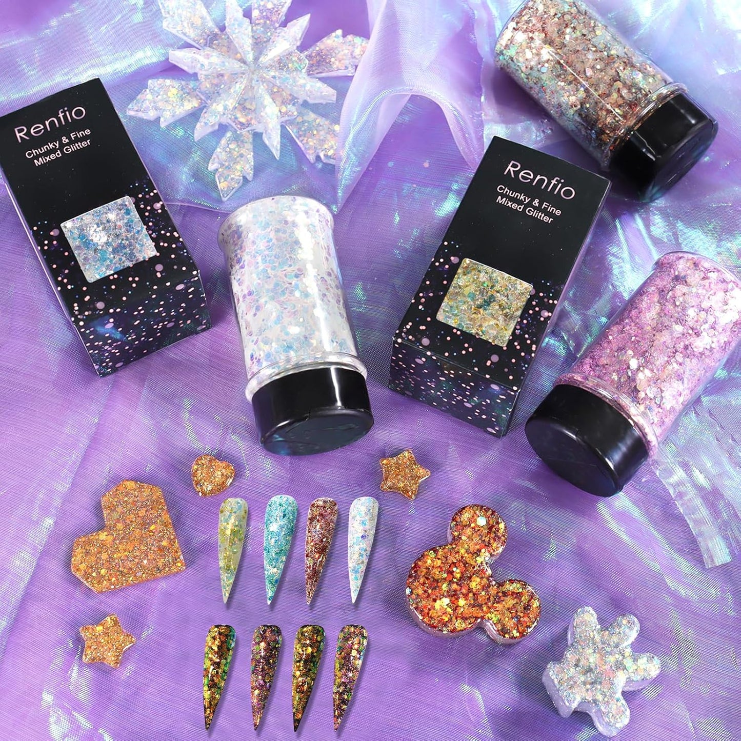 Renfio Opal Chunky Glitter, 1.75oz/50g Red Glitter, Dreamy High Sparkle Glitter for Crafts Holographic Fine Glitter Mix Iridescent Glitters Flake for Resin Nails Hair Snow Globe - Christmas Carnivals