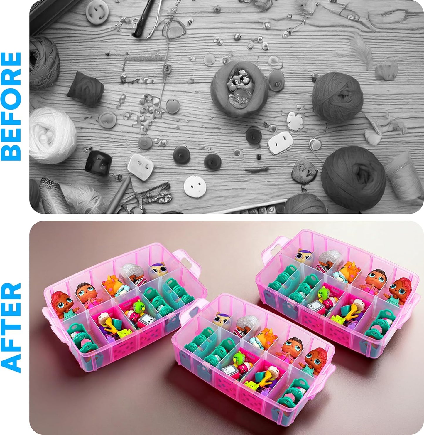 Bins & Things Bead Organizer with Adjustable Compartments - Durable Toy Organizers and Storage Solution for Dolls, Crafts, Mini Toy Figures, Jewelry and Beads - 4 Tier, 40 Compartments, Pink