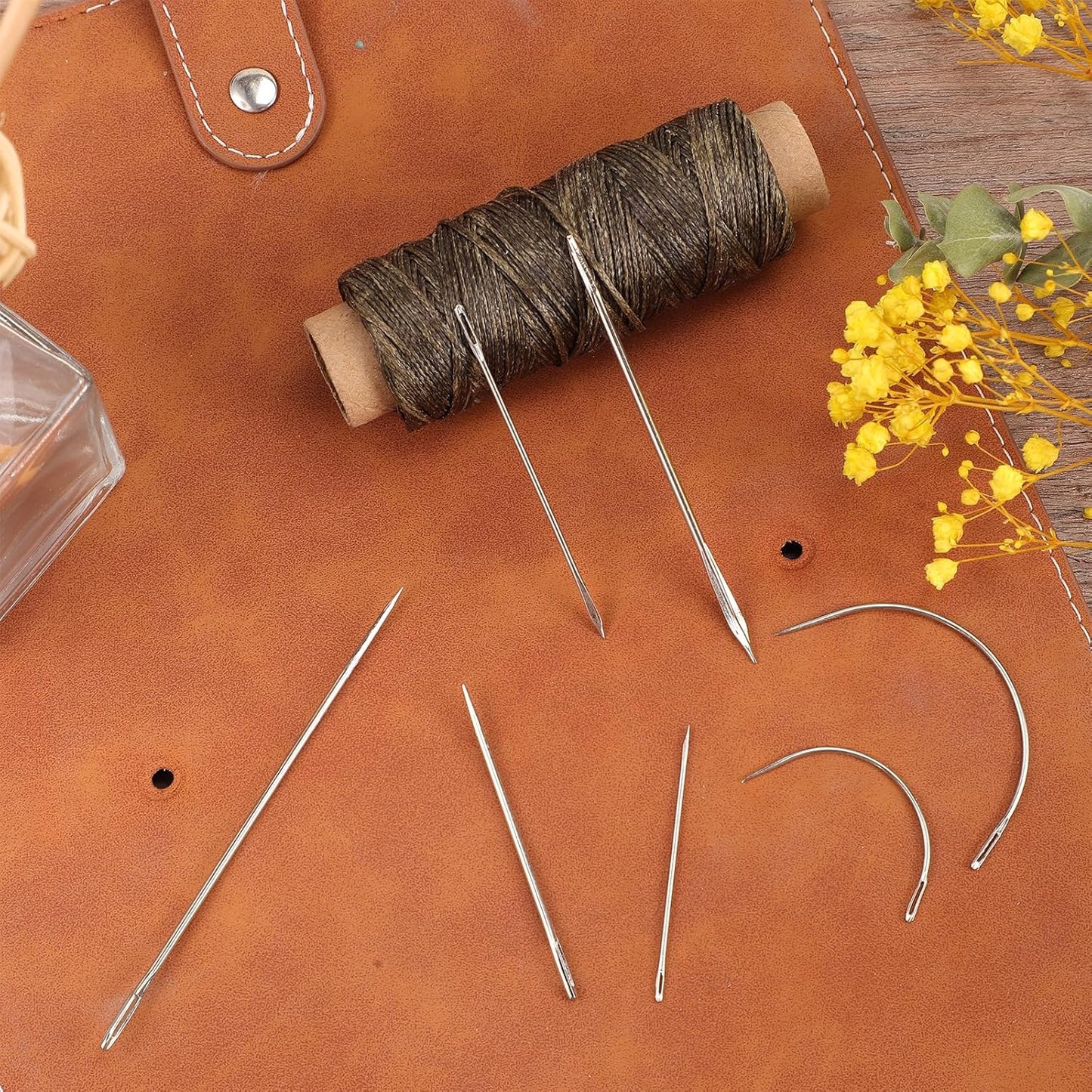 Pimoys 55Yards Waxed Thread with 7 Pcs Leather Needles for Hand Sewing 150D Flat Sewing Waxed Thread Leather Repair Needles for Sewing Upholstery Leather Canvas Bags Sofa Furniture(Army Green)