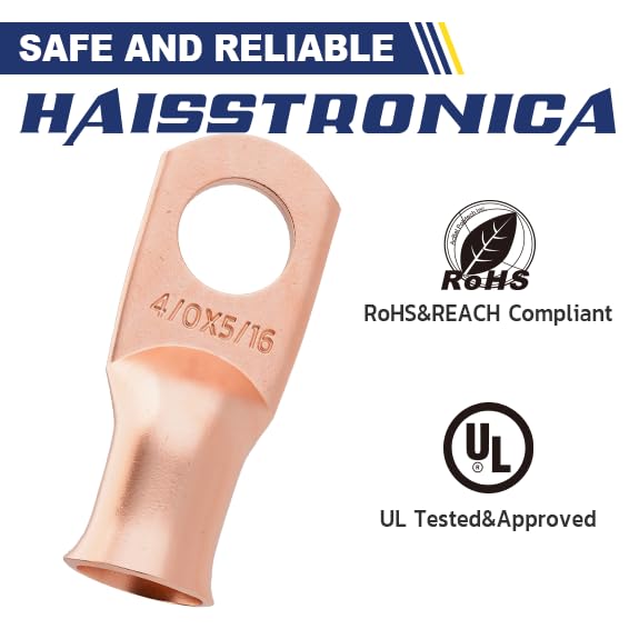haisstronica 10pcs 4/0 AWG - 5/16"(M8) Battery Cable Lugs, Heavy Duty Copper Wire Lugs with 10pcs 3:1 Adhesive Heat Shrink Tubing, 0000 Gauge Wire Lugs, Battery Terminal Connector, Battery Cable Ends