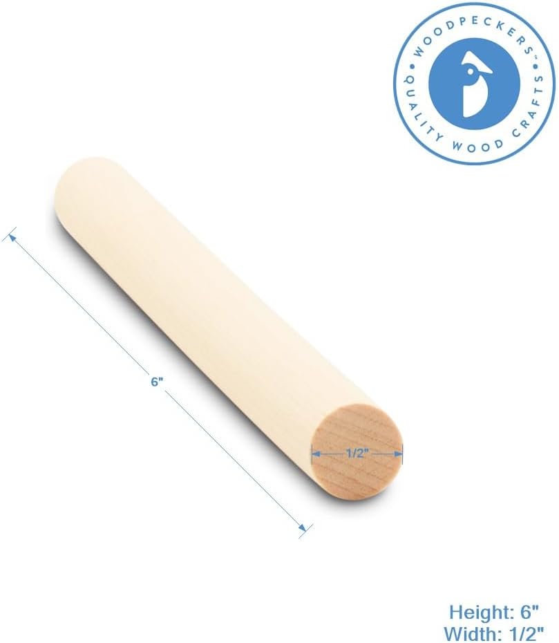 Dowel Rods Wood Sticks Wooden Dowel Rods - 1/2 x 6 Inch Unfinished Hardwood Sticks - for Crafts and DIYers - 25 Pieces by Woodpeckers